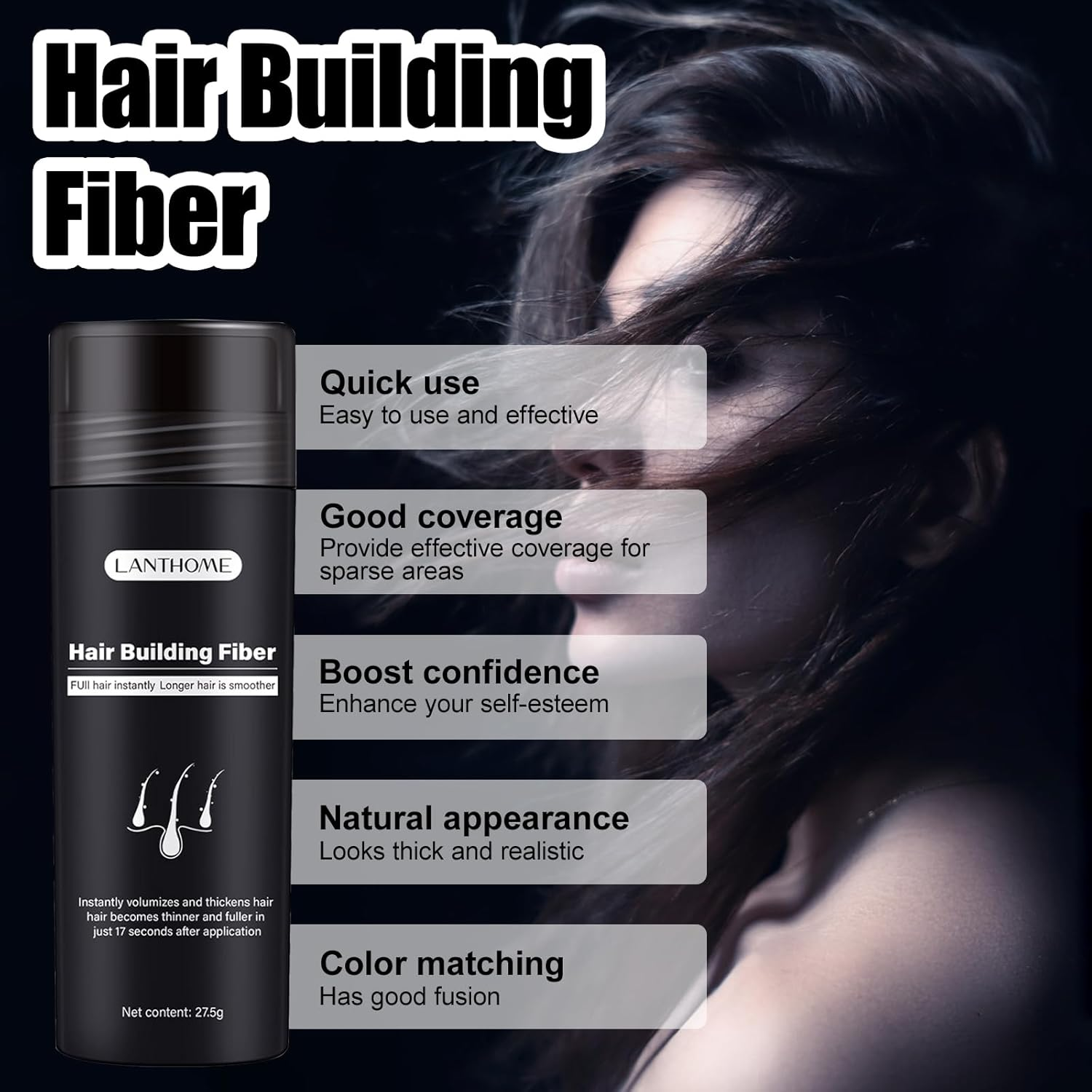 Roseflower 2Pcs Hair Fibers for Thinning Hair, Undetectable Natural Hair Thickening Fibers, Hair Building Fibers for Women and Men, Thicker Fuller Hair Conceals Hair Loss, Black 27.5G X 2 image number 6