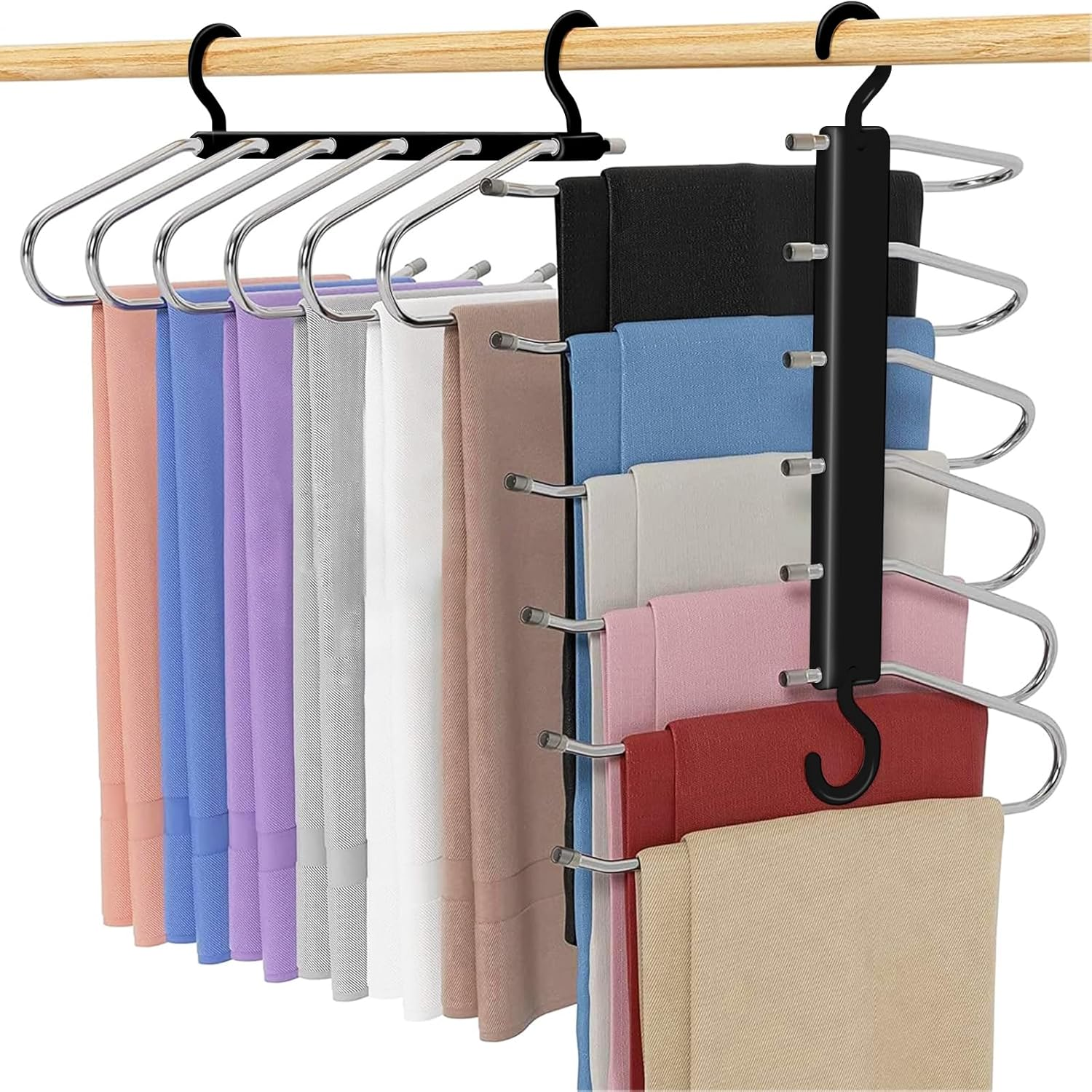 2 Pack Pants Hangers,S-Type Jeans Hanger Space Saving Folding and Telescoping Non-Slip Trousers Organizer 6 Layer Closet Organizers and Storage for Trousers Scarves Slack