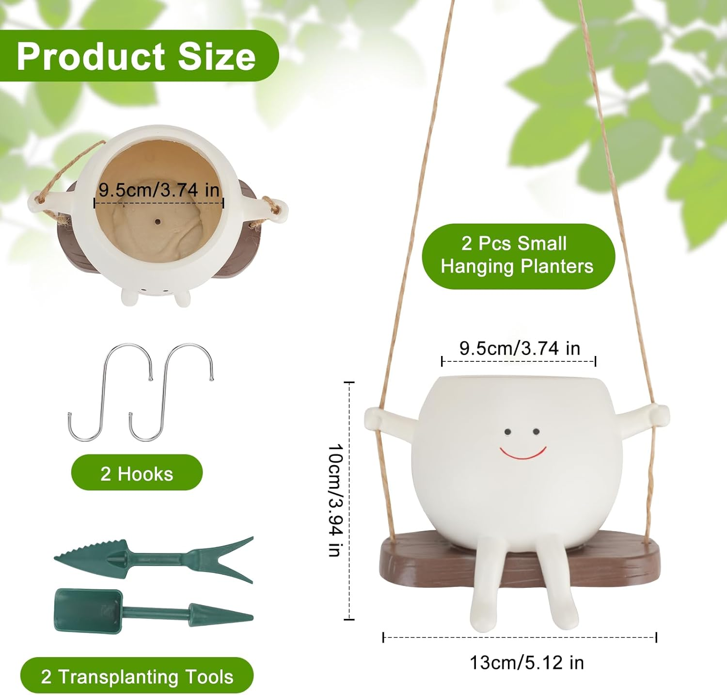 WRENYZK 2 Pcs Hanging Flower Pots, Resin Succulent Planter, Cute Swinging Planters, Funny Plant Holder with Hooks and Transplanting Tools, Suitable for Indoor and Outdoor Decoration image number 1