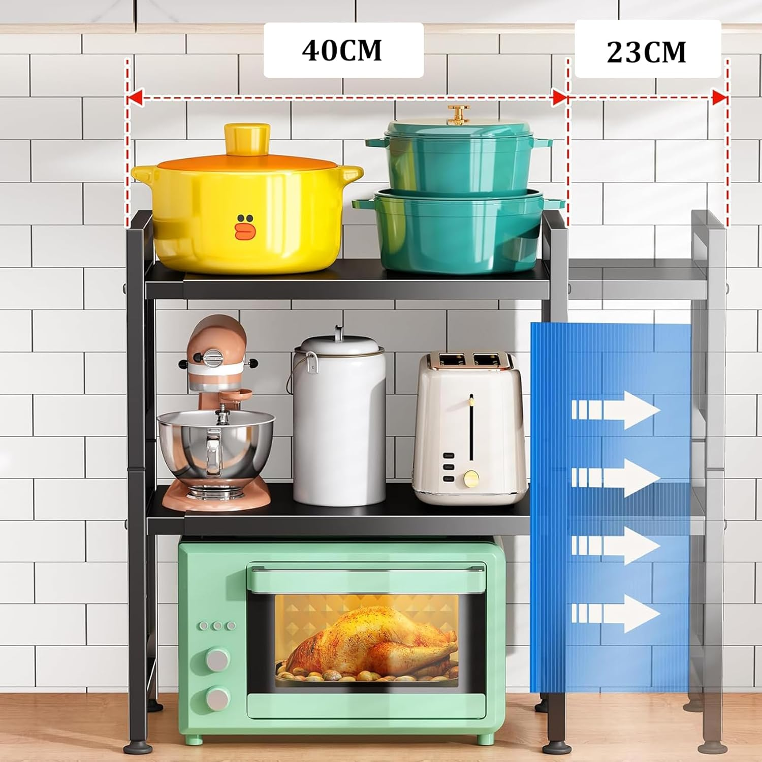 3-Tier Microwave Oven Rack, Adjustable Microwave Shelf Organizer with Hooks, Metal Kitchen Countertop Microwave Storage Expandable Stand, Black image number 6