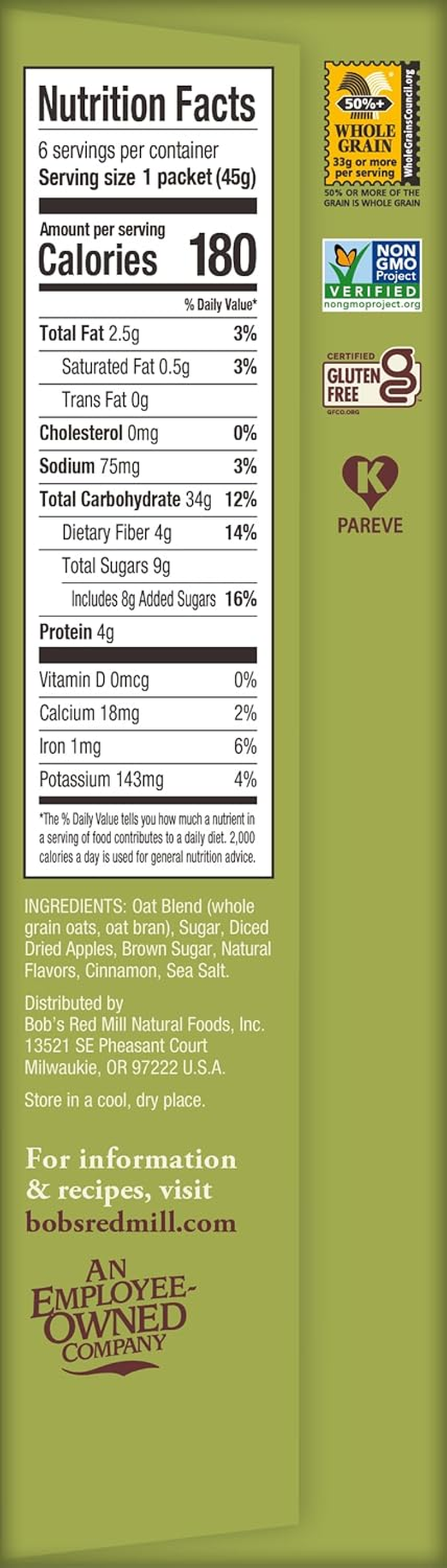 Bob'S Red Mill Instant Oatmeal Packets, Apple & Cinnamon, 6 Packets Total, Non-Gmo, Gluten Free, Whole Grain image number 6