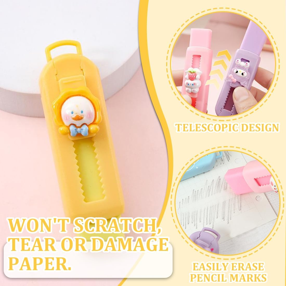 Set of 4 Erasers, Erasers for Kids, Push-Pull Pencil Erasers for Writing, Drawing, Office School Supplies