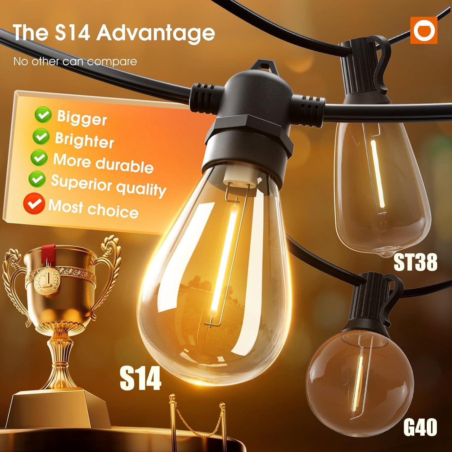 31M Festoon Lights Outdoor with 31 Bulbs+2 Spares S14 LED Outdoor String Lights,Connectable Christmas String Lights, Ip65Waterproof and Shatterproof Fairy Lights for Garden, Party, Yard, 2700K