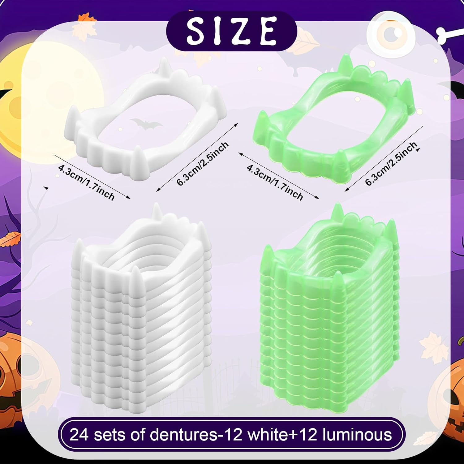 24 Pcs Plastic Vampire Teeth Fake Fangs &ndash; 12 Glow-In-The-Dark and 12 White Vampire Teeth, Halloween Costume Props, Party Supplies and Trick or Treat Accessories image number 5