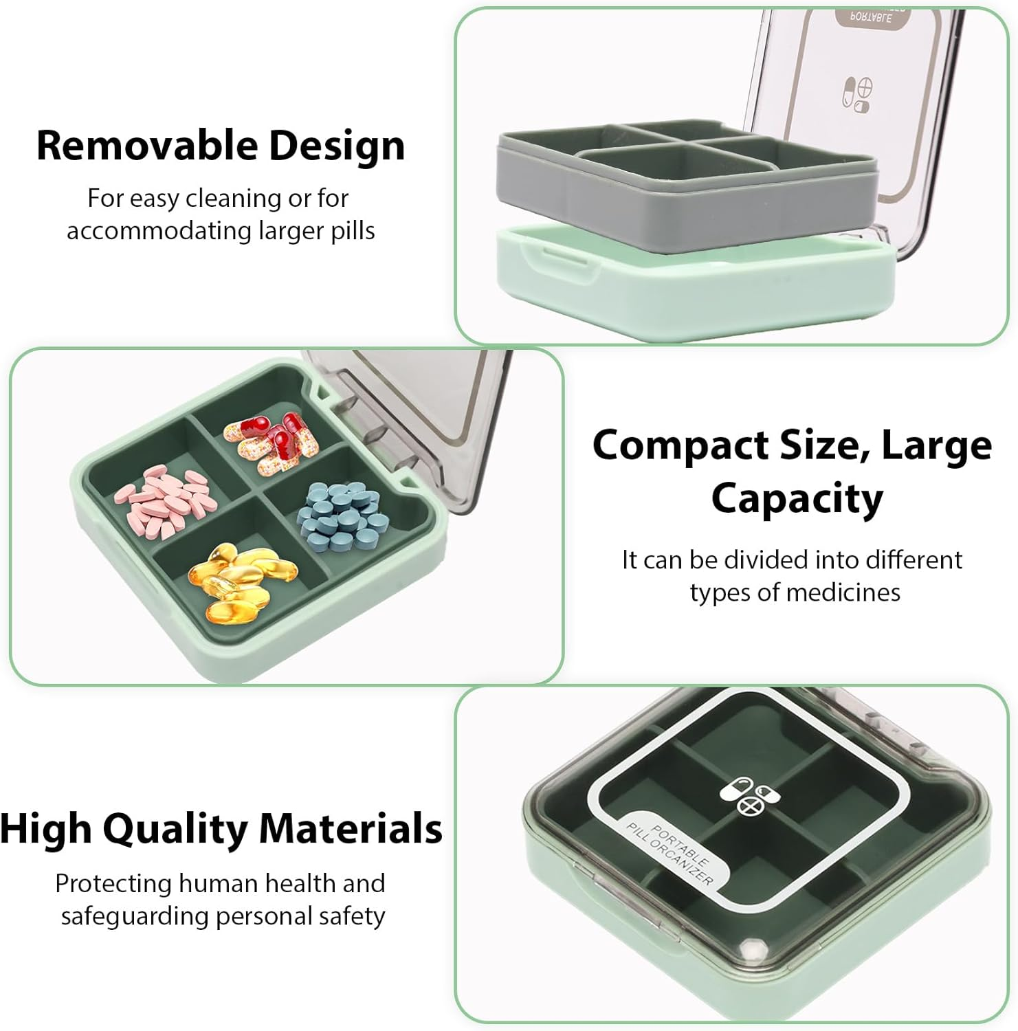 Small Pill Organiser, 4 Compartments Portable Travel Pill Organizer, Sealed Moisture-Proof, Medicine Box for Fish Oil Vitamins Supplements for Daily Travel Work People Carry