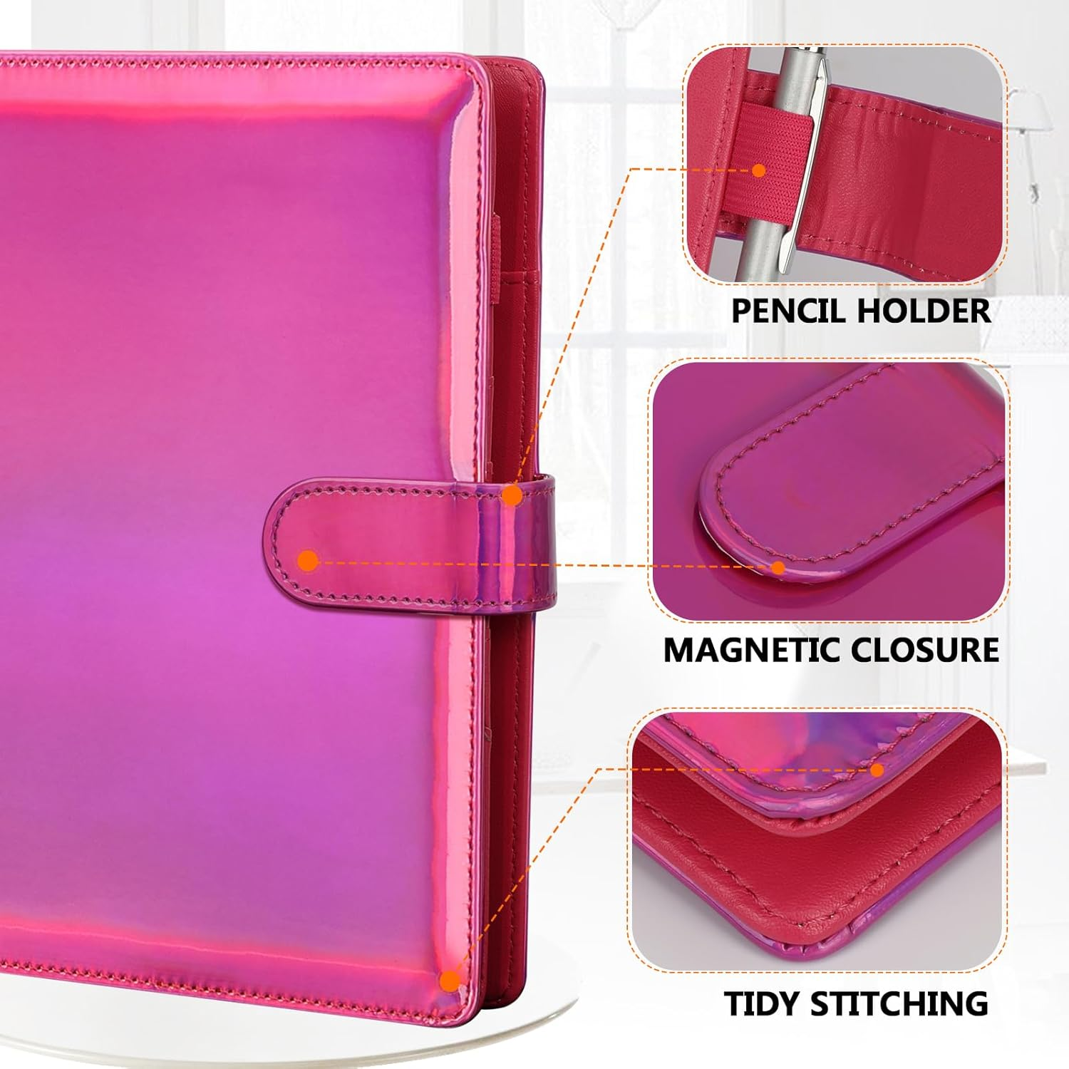 Toplive A5 Binder 6 round Ring Binder Leather Budget Planner Notebook Cover for A5 Filler Paper Laser Pink with Magnetic Buckle Closure