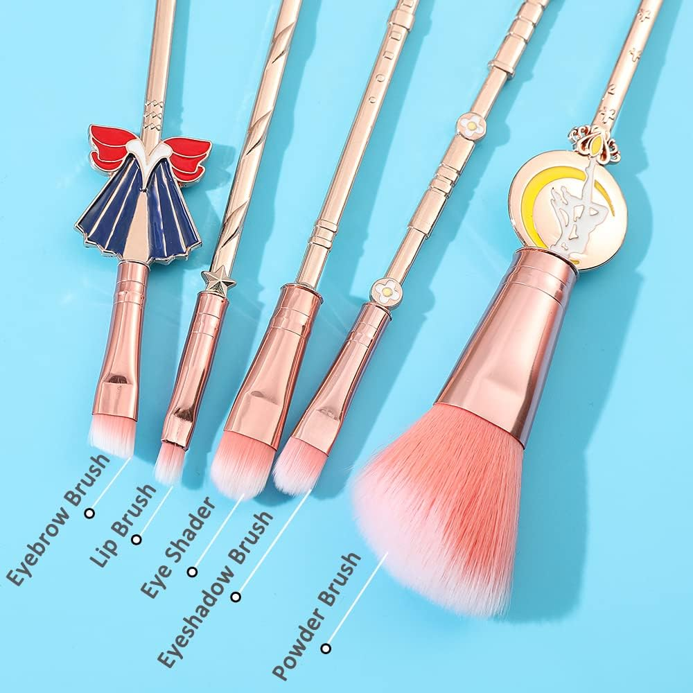 Rongji Jewelry Kawaii Sailormoon Makeup Brushes - 8Pcs Anime Magic Wand Brush Set with Pink Pouch, Professional Foundation Powder Flat Eyeline Blush Kit for Girl Women Fans (Pink 5Pcs) image number 3