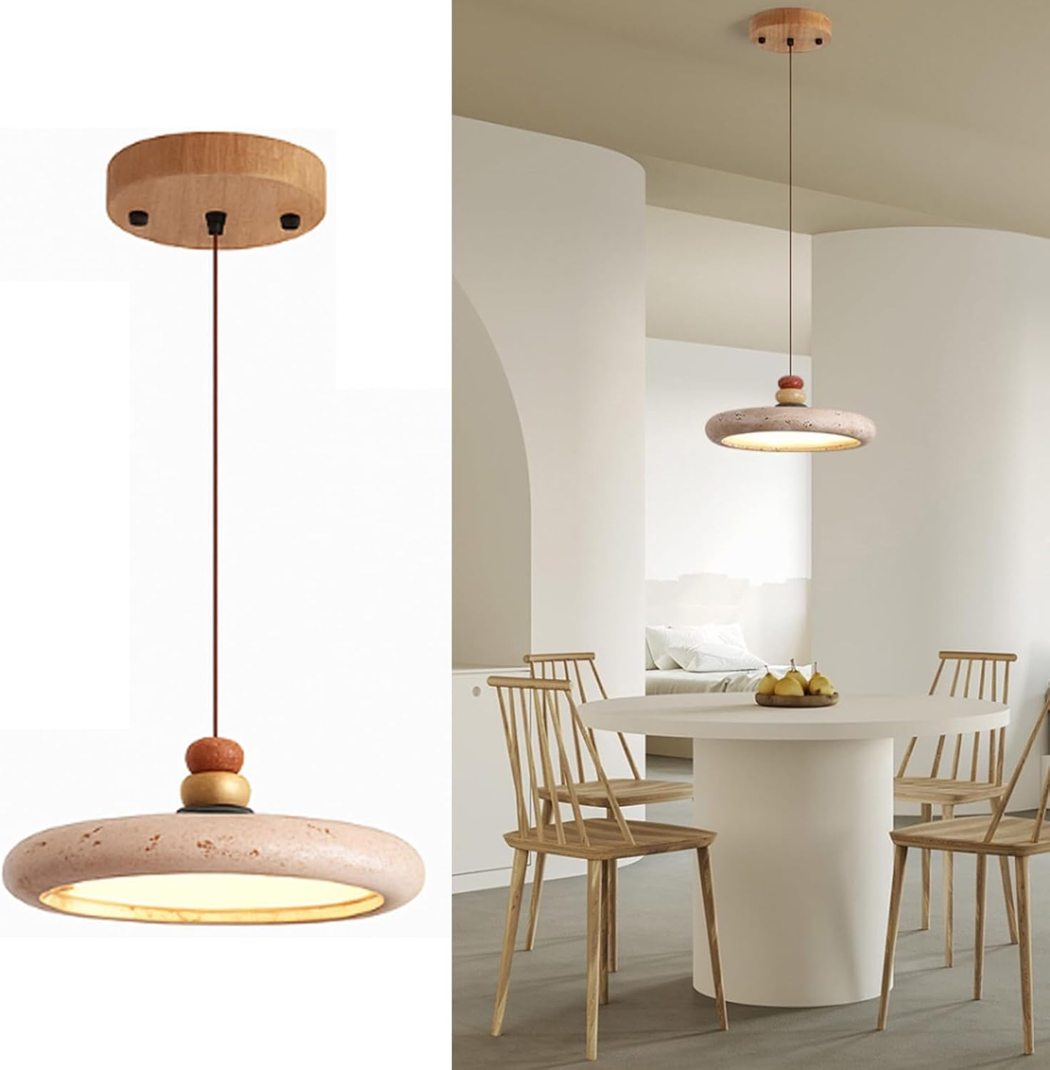 Natural Stone Pendant Light &ndash;Adjustable Hanging Light for Kitchen Island Dining Room Living Room, French Travertine Ceiling Light Fixture with LED, Modern Minimalist Design (B,M)