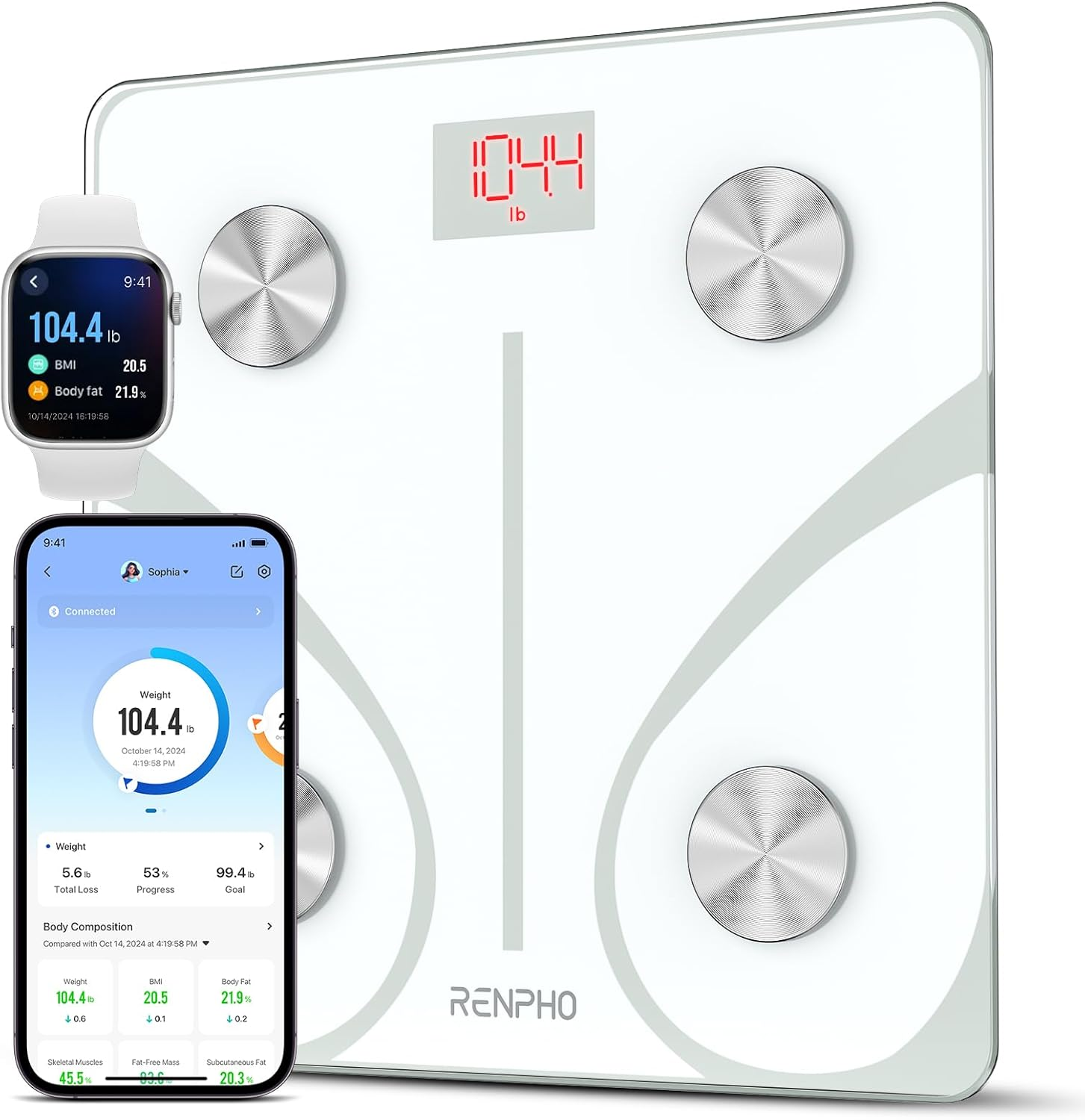 RENPHO Personal Scales Digital Test Winner 2024, Max 250 Kg, Persons with Extremely High Load Capacity, Large Platform, Large LED Display, Highest Accuracy up to 50 G, 33 X 30 Cm, Core 1 L