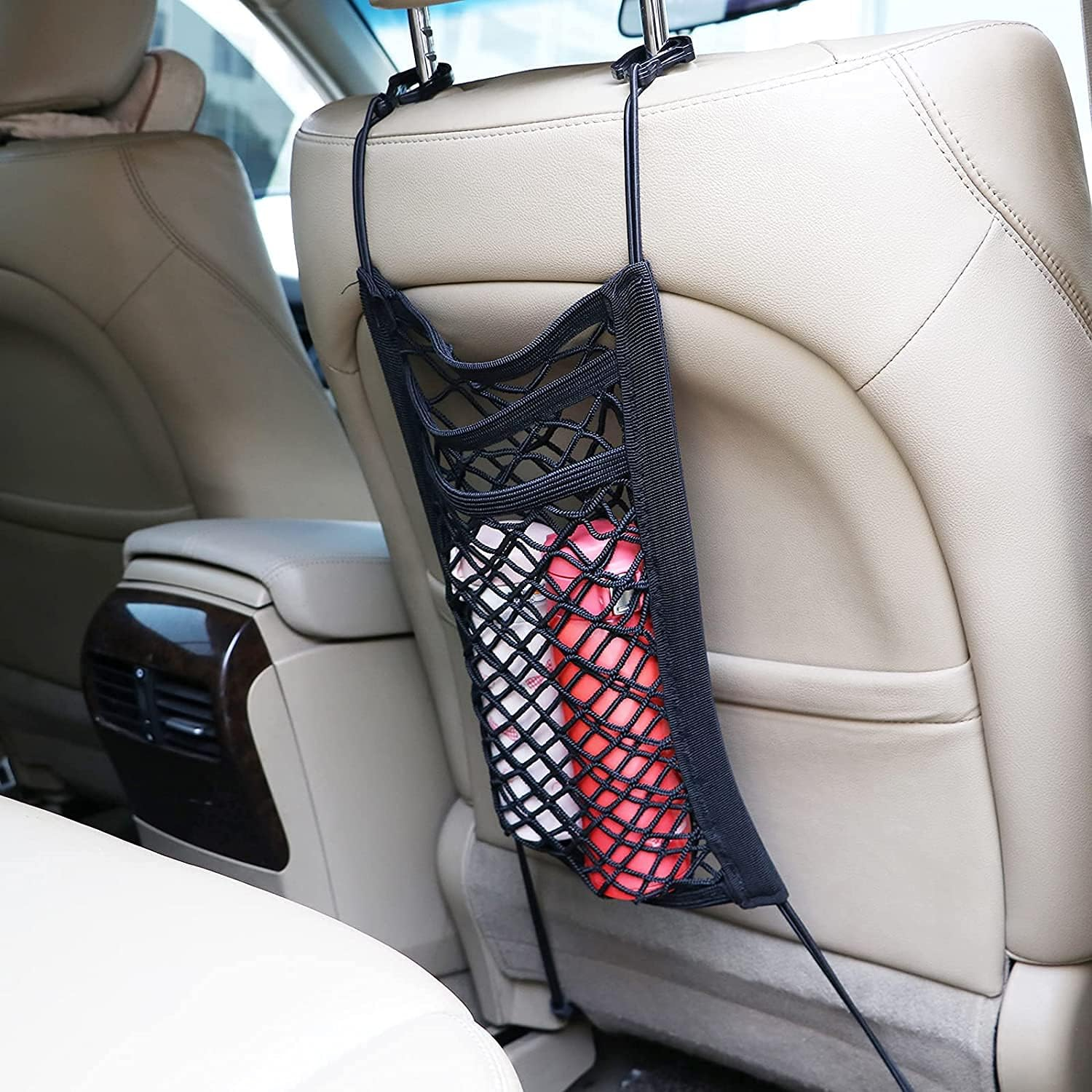 Universal Elastic Mesh Net Trunk Bag, 3-Layer Car Seat Net Car Mesh Organizer Dog Trunk Net Barrier Seat Back Net Bag Barrier of Backseat Kids Cargo Tissue Purse Holder image number 4