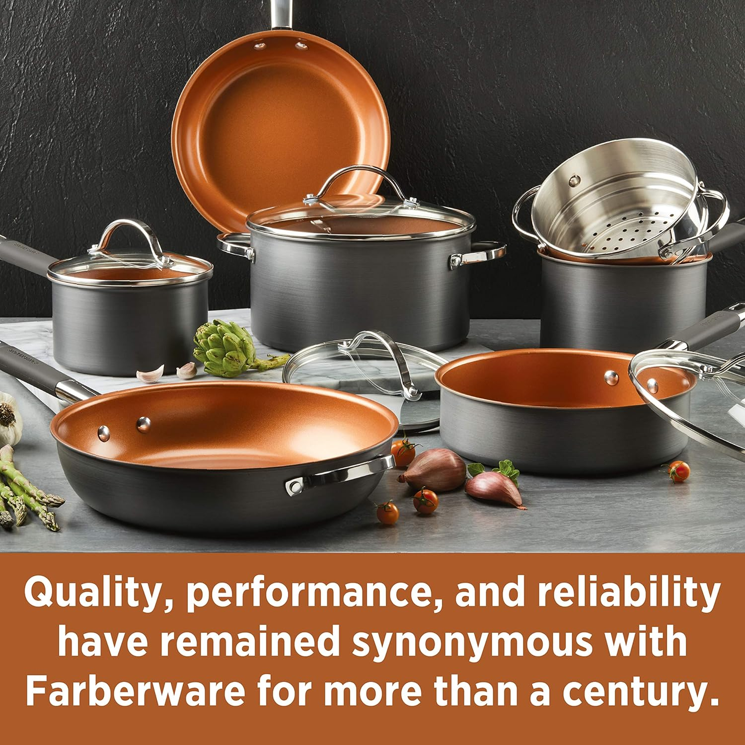 Farberware 80183 Glide Pro Hard Anodized Ceramic Nonstick Cookware Pots and Pans Set, 11 Piece, Gray image number 6