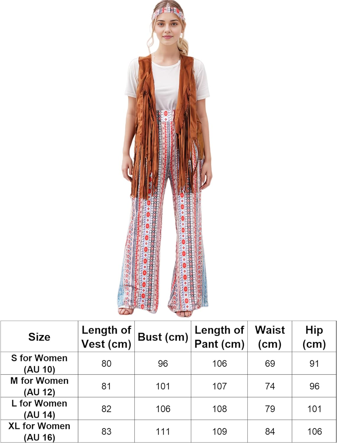 Halloween Hippie Costumes with Pants 60S 70S 80S Women Costume Adult Christmas Party Costume with All Accessories image number 3