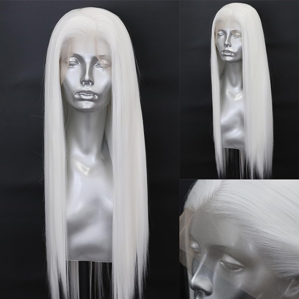 ELESTY Highlights Synthetic Lace Front Wigs Free Part Long Curly Black Mixed White Hair Heat Resistant Natural Hairline Glueless Lace Wigs for Women Daily - Cr1Bh10 image number 2