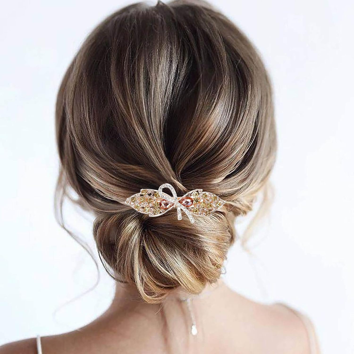 Tseenyi Bridal Wedding Hair Clip Bow Crystal Hair Clip Gold Rhinestone Hair Clip Sparkling Bridal Decorative Headwear Hairpin Women and Girls Gifts (Champagne Crystal)
