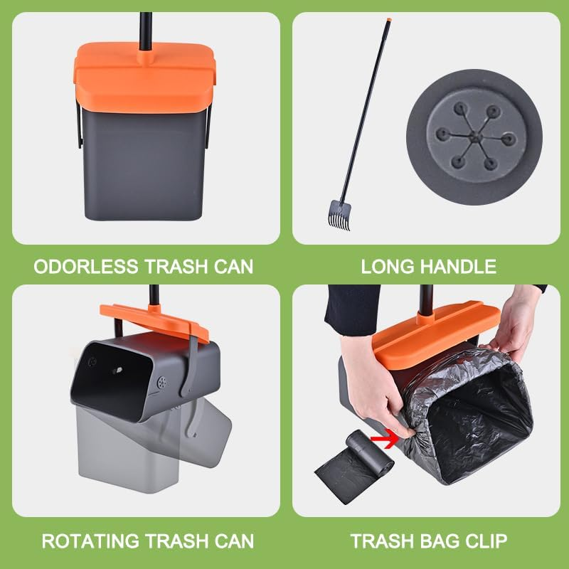 Dog Pooper Scooper Swivel Bin & Rake Kit with 35 Waste Bags 117Cm Long Handle Adjustable Portable Poop Scooper Easy to Clean Pet Waste
