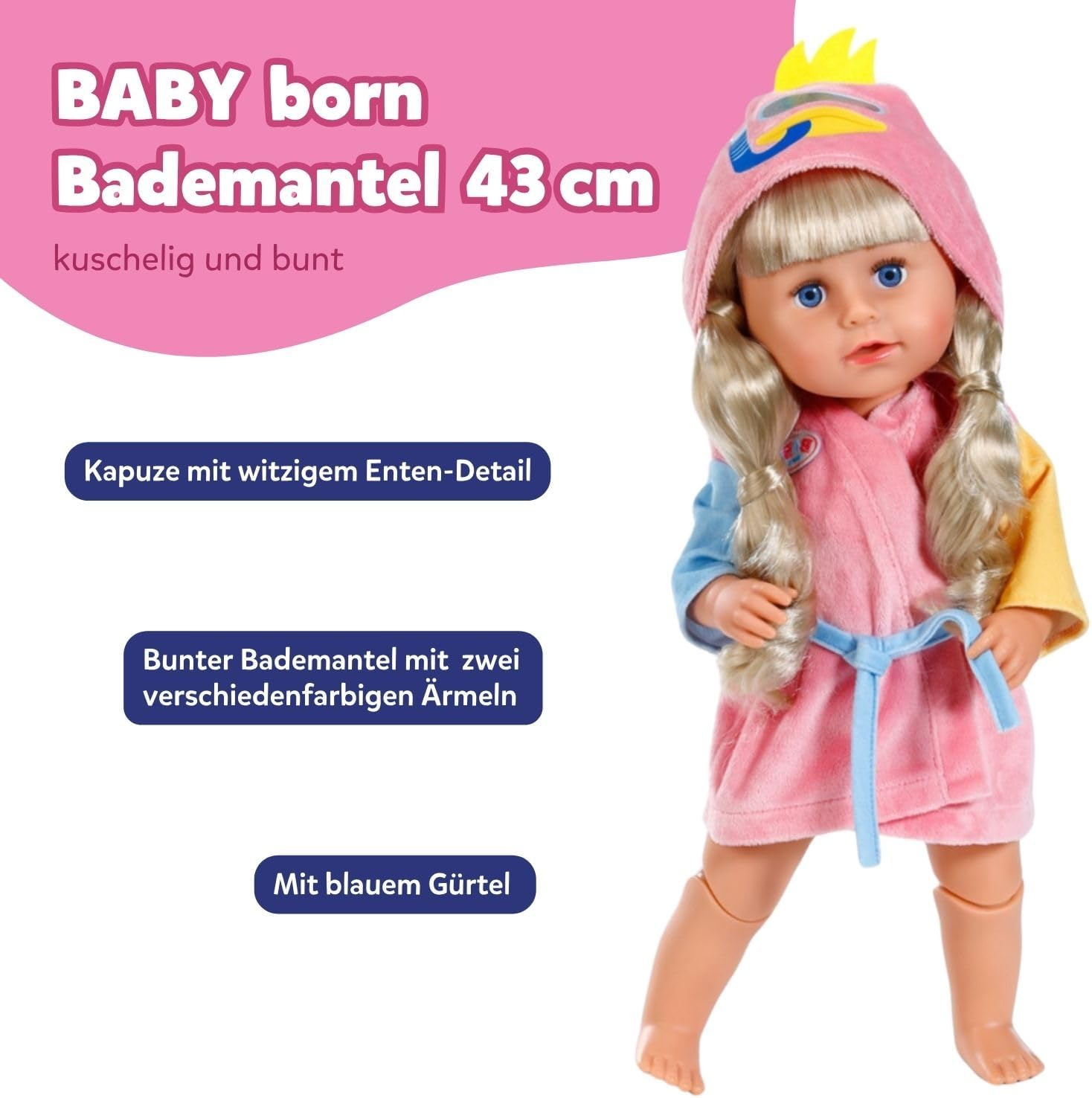 BABY Born Bathrobe with 2 Different Coloured Sleeves, Pink Robe for 43Cm Dolls, 838167 Zapf Creation image number 1