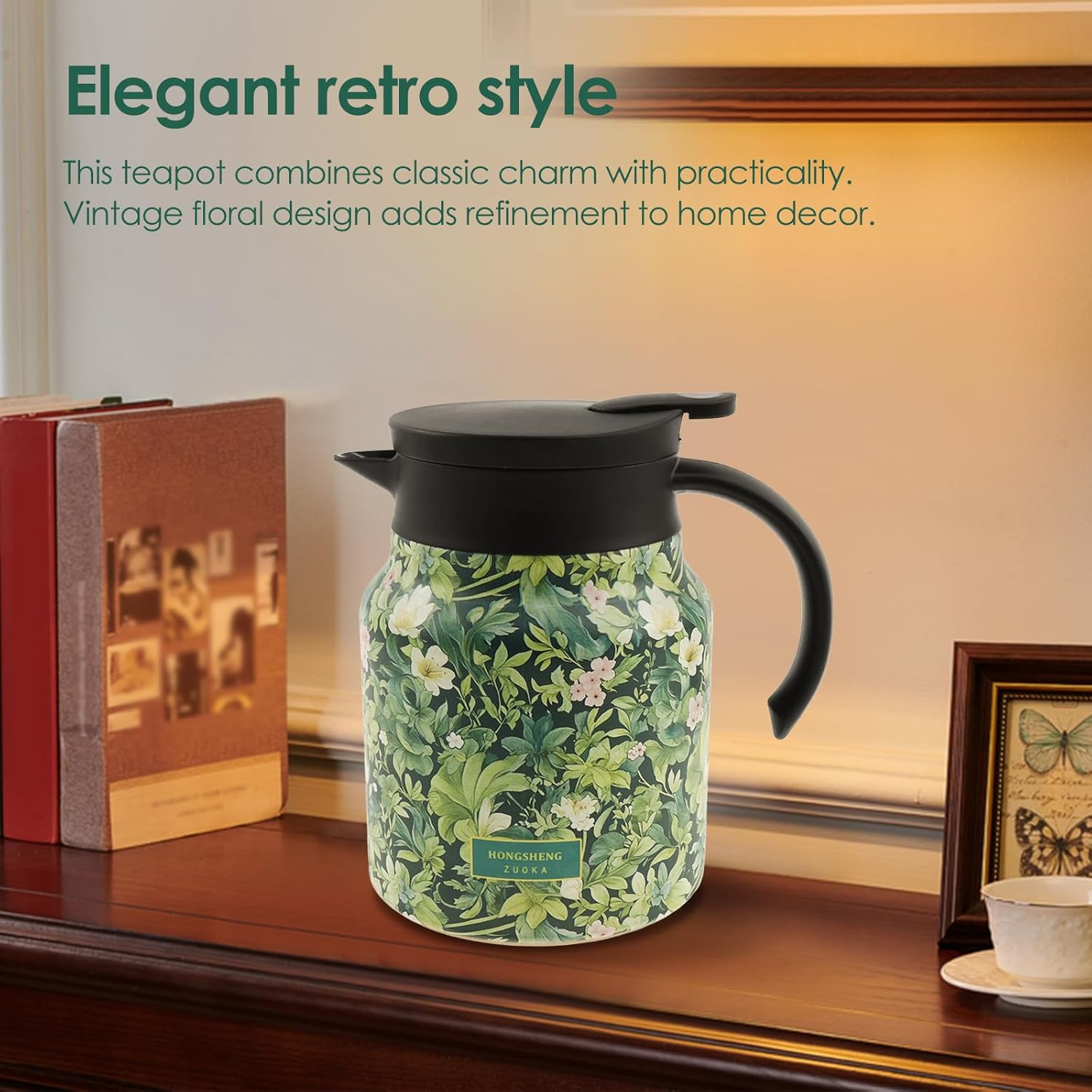 Vintage Floral Pattern Tea Thermos, 1000Ml Thermos Tea Pot, Vintage Floral Pattern Tea-Built-In Infuser, Stainless Steel Insulated Tea Kettle, Household Insulated Teapot Tea Pot Kettle for Home Office image number 1