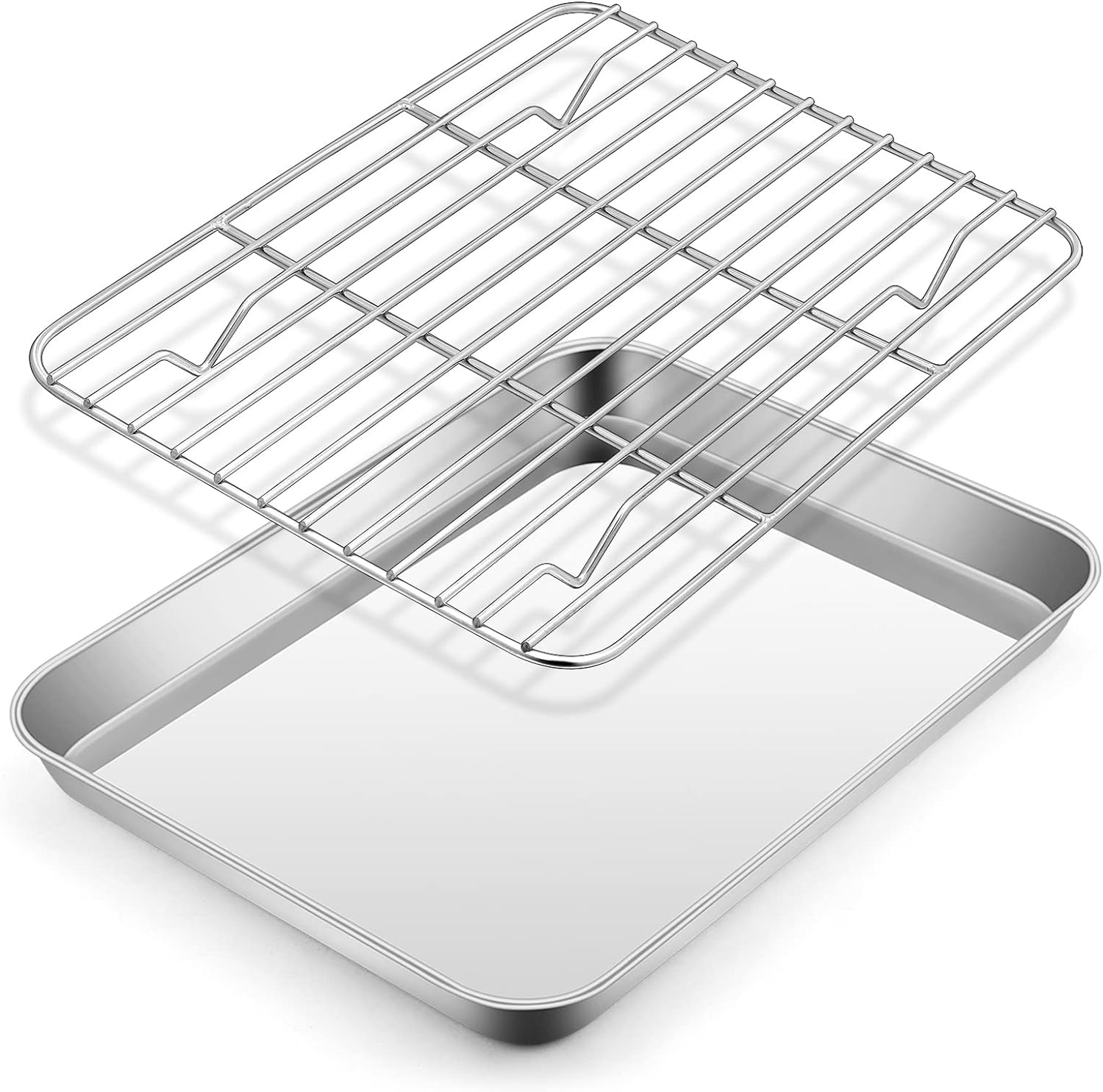Metal Toaster Oven Tray Set, E-Far 10.5&rdquo;X8.3&rdquo; Small Stainless Steel Baking Pan with Wire Rack for Cooking Broiling, Rimmed Metal Sheet for Roasting Cooling Cookie Bacon Steak image number 6