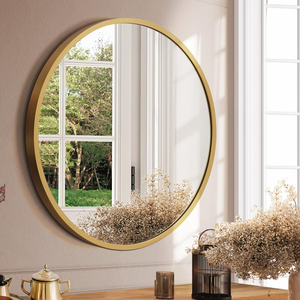 Furb round Wall Mirror, 60Cm Circular Bathroom Mirror, Black Metal Frame, Decorative Hallway Entryway Mirror