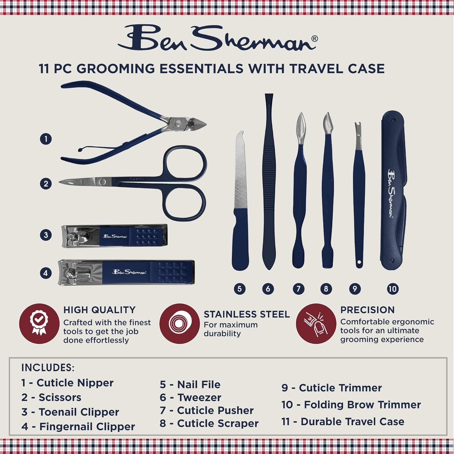 Ben Sherman Nail Clippers for Men Travel Size Nail Clipper Set, 11 Pcs Mens Nail Grooming Kit Includes Nail Clippers, Scissors, Tweezers and Traveling Case