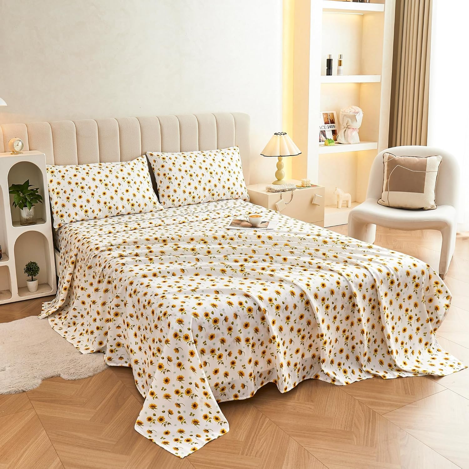 Weaveinbay Double Sheet Set, 38Cm Deep Pocket Ultra-Soft Microfiber Double Bed Sheets, Breathable & Cooling 4 Piece Sheet Set, Yellow Flower image number 1