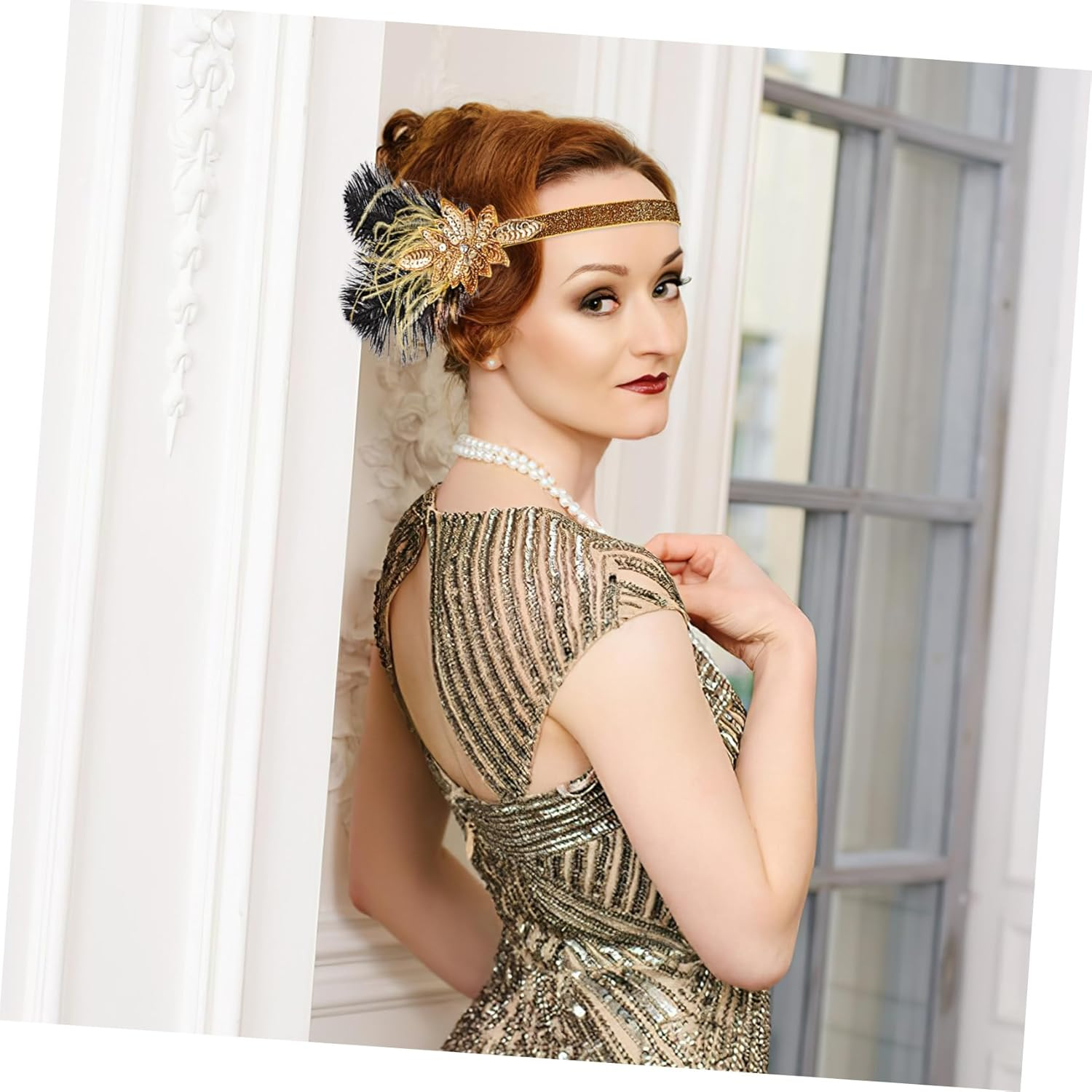 FONDOTIN Vintage Flapper Headband with Golden Feathers and Rhinestones, Elastic Hair Accessory for Women, Suitable for Years Parties, Weddings and Costume Parties image number 5