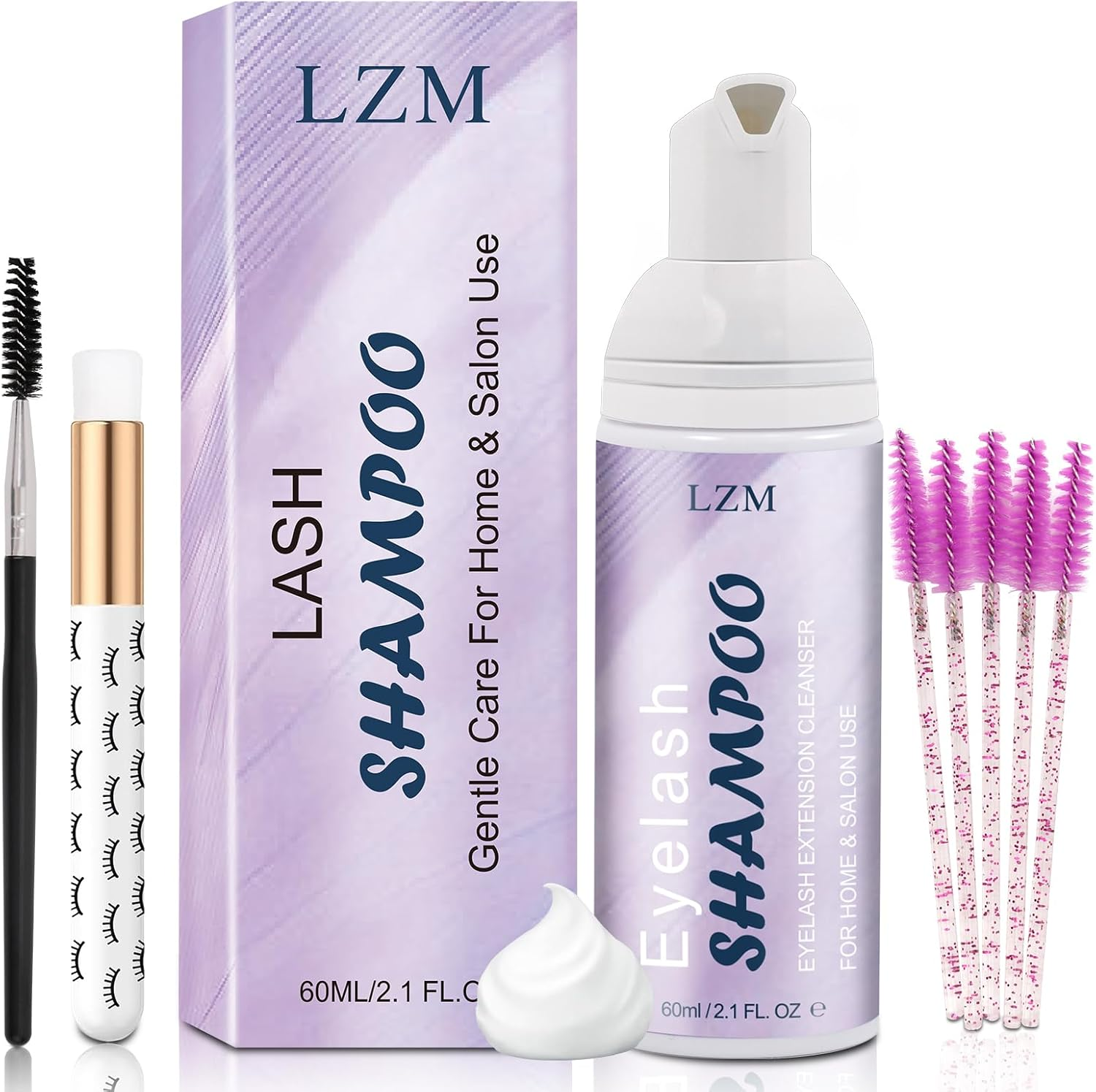 LZM Lash Shampoo Lash Cleaner - Eyelashes Wash Cleaning Kit for Cluster Lashes/Eyelash Extensions Bath Cleanser Foam, Soap, Care Oil Free, Professional Salon Use and Home (60Ml, 3-IN-1 SHAMPOO KIT) image number 2