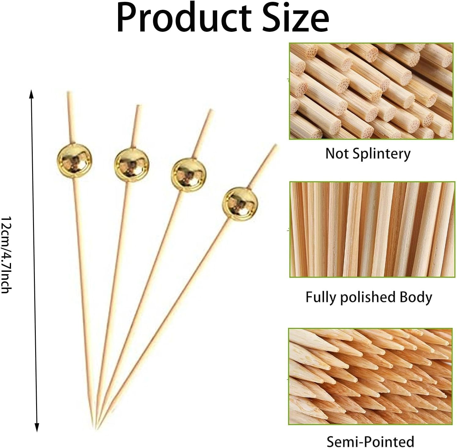 DONHUA 200Pcs Bamboo Cocktail Picks for Appetizers, Drinks, Desserts, Charcuterie - Gold Pearl Mini Food Toothpicks Fruit Sticks image number 2