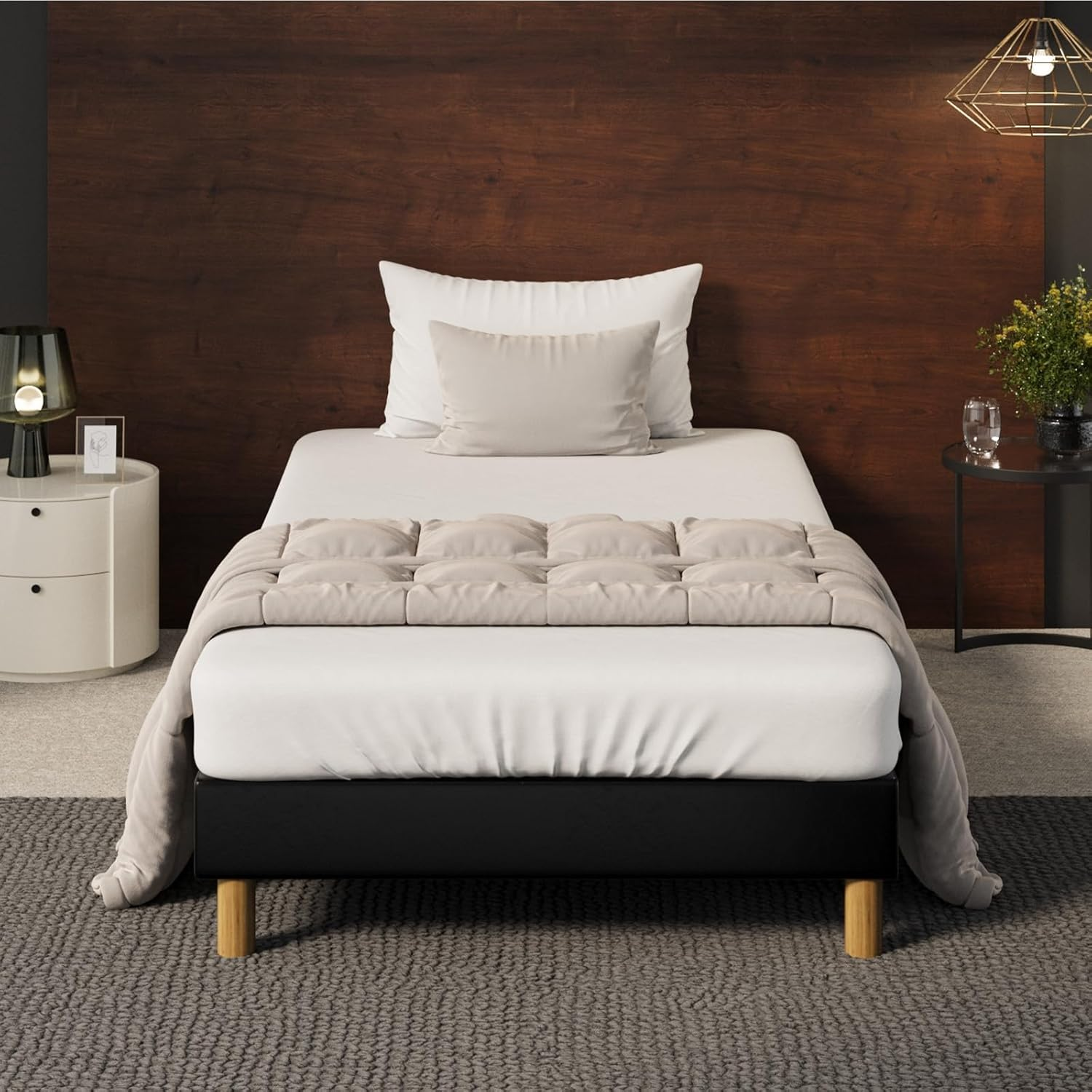 Oikiture King Single Bed with Leather Upholstery King Single Bed Frame Platfrom Foundation for Mattress Topper Black image number 5