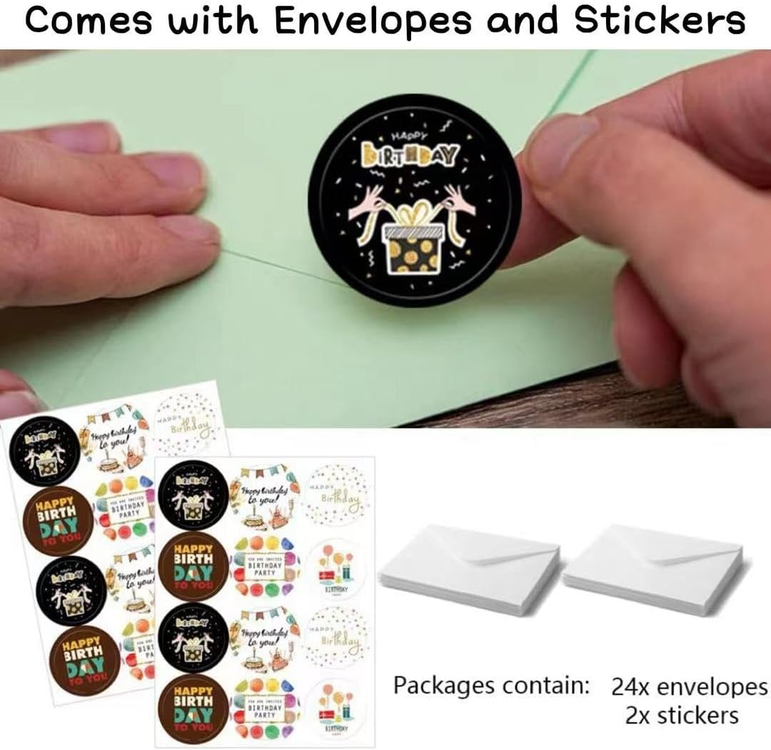 24 PCS Birthday Card, Birthday Card Pack, Birthday Cards Bulk, Funny Birthday Card, with Envelopes and Matching Sealing Stickers,For Family, Kids, Friends, Work & Office Celebrations image number 1