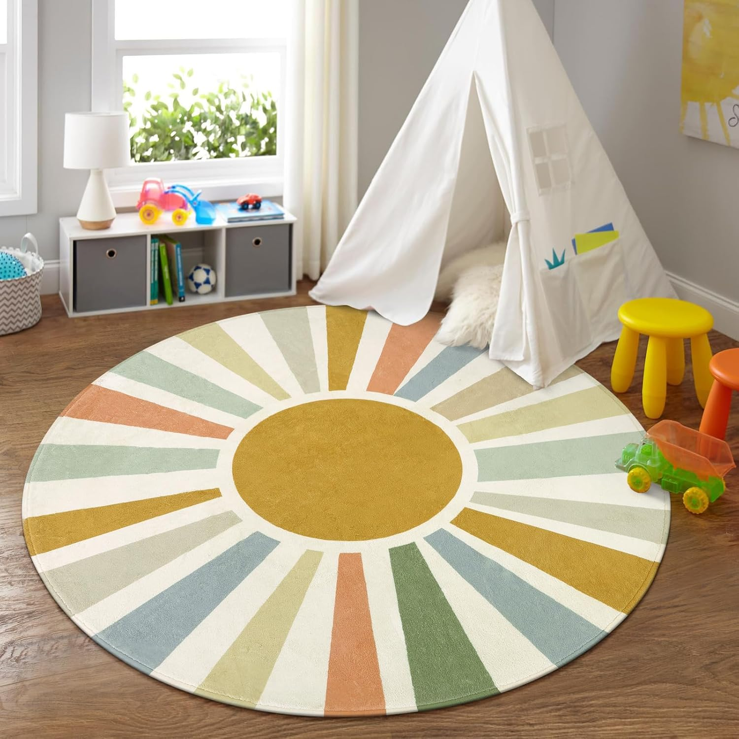 STARUIA Boho Sun round Area Rug, 6'X6', Monet, Living Room, Nursery, Playroom, Non-Slip, Washable image number 5