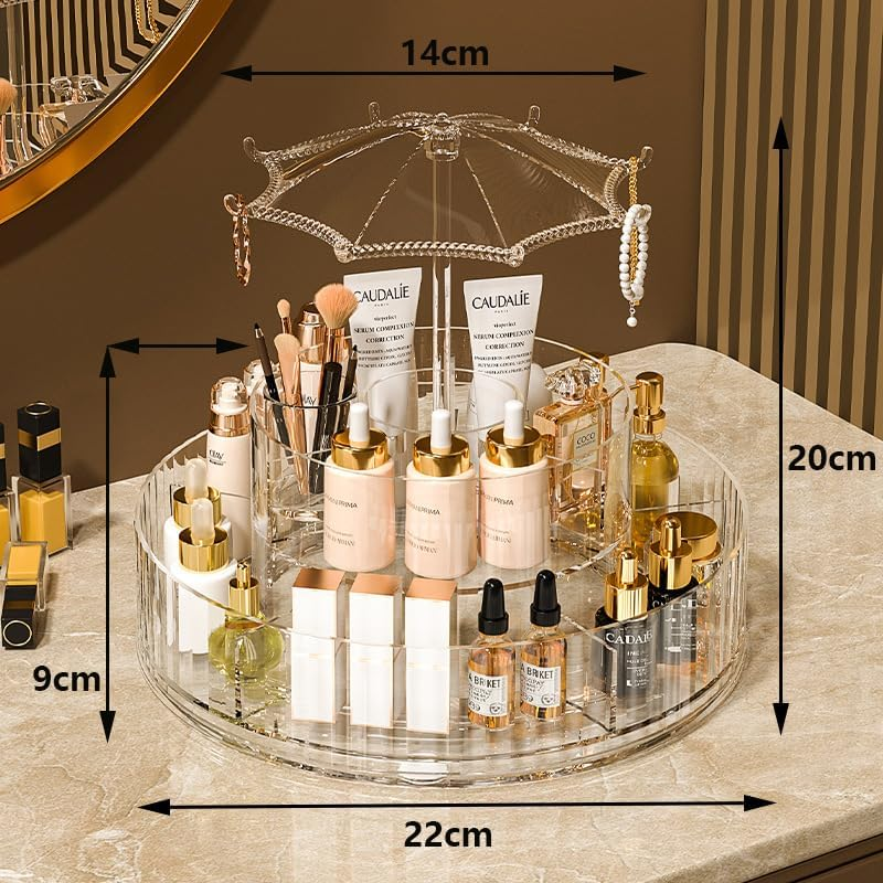 360&deg; Rotating Cosmetic Organiser, Clear Acrylic Makeup Storage Display with Umbrella Top, Beauty Products Stand image number 1