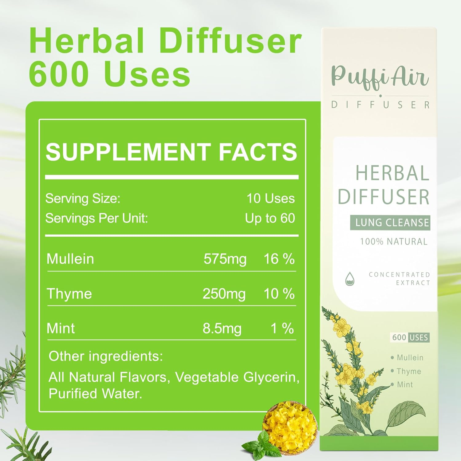 Puffiair Herbal Diffuser Upgraded with Extracts of Mullein, Thyme and Mint for Cleansing Lungs, Improving Breathing and Oral Air Freshening image number 1
