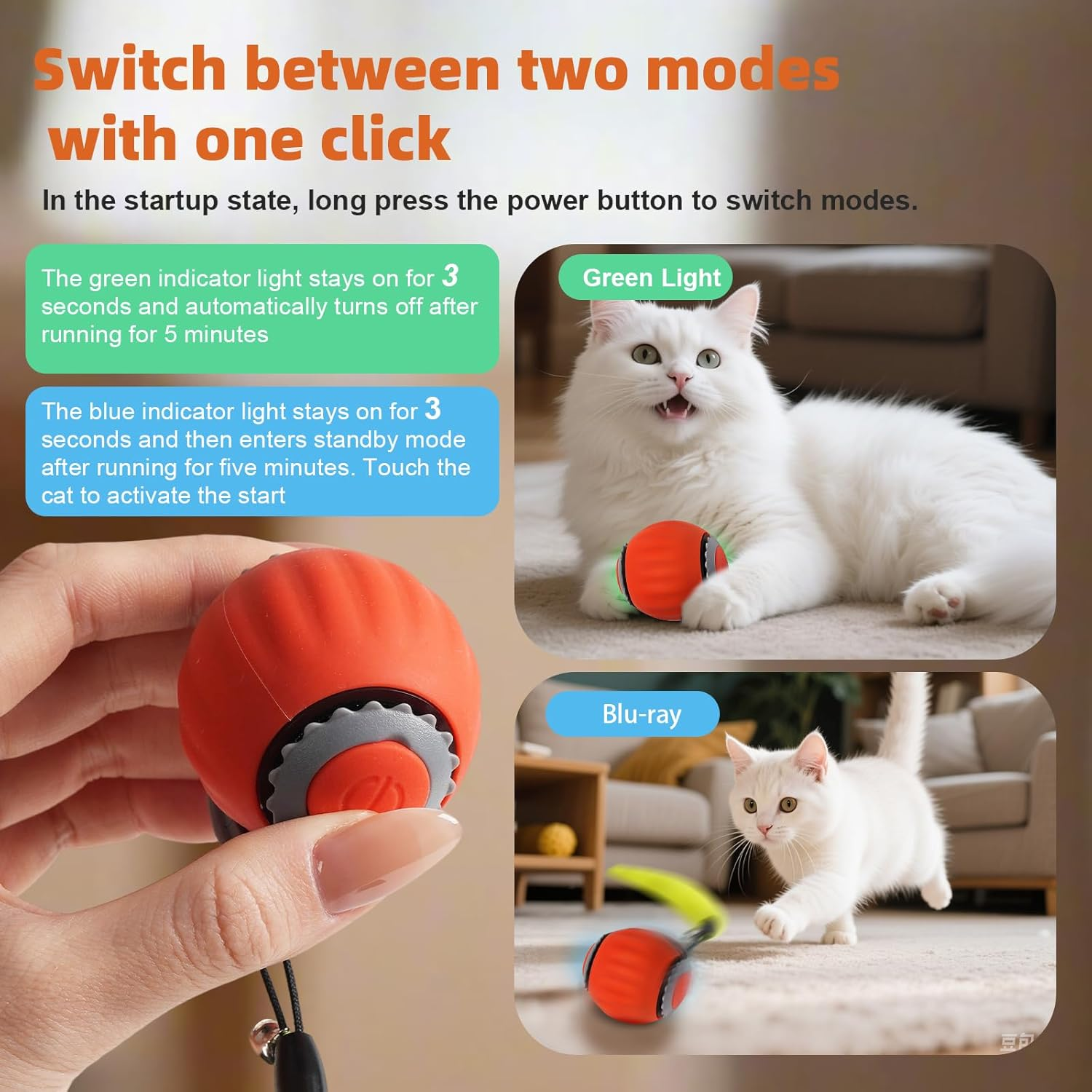 Gravity Cat Toy Spike Ball Upgrade 2.0 Interactive Cat Ball Toy with Feather Tail, Motion Activated Automatic Rolling Smart Cat Toys for Indoor Cats, USB Rechargeable Cat Ball,Orange