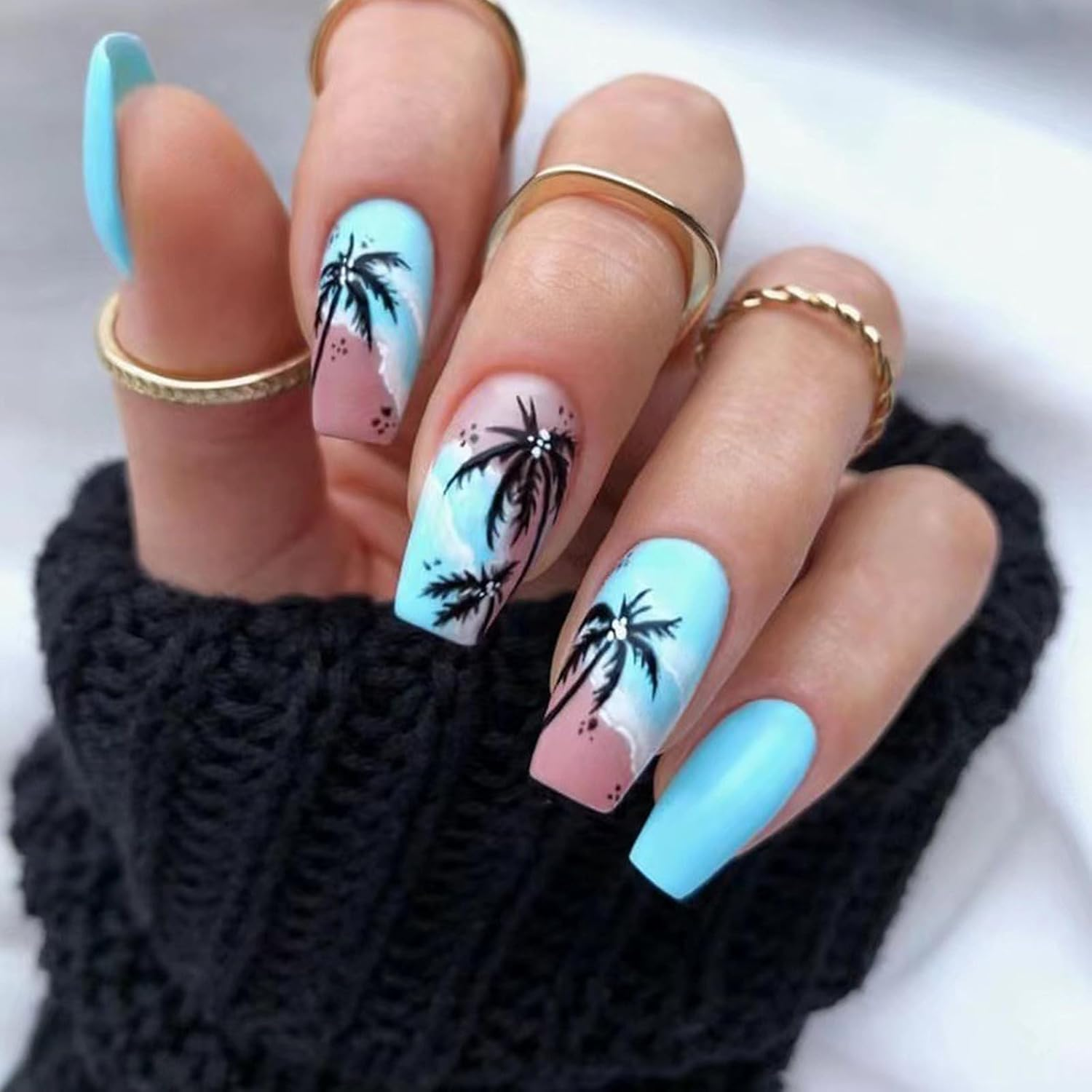 24 Pcs Coconut Tree Fake Claws Gradient Faux Glossy Full Cover Stick on Long Press On image number 2