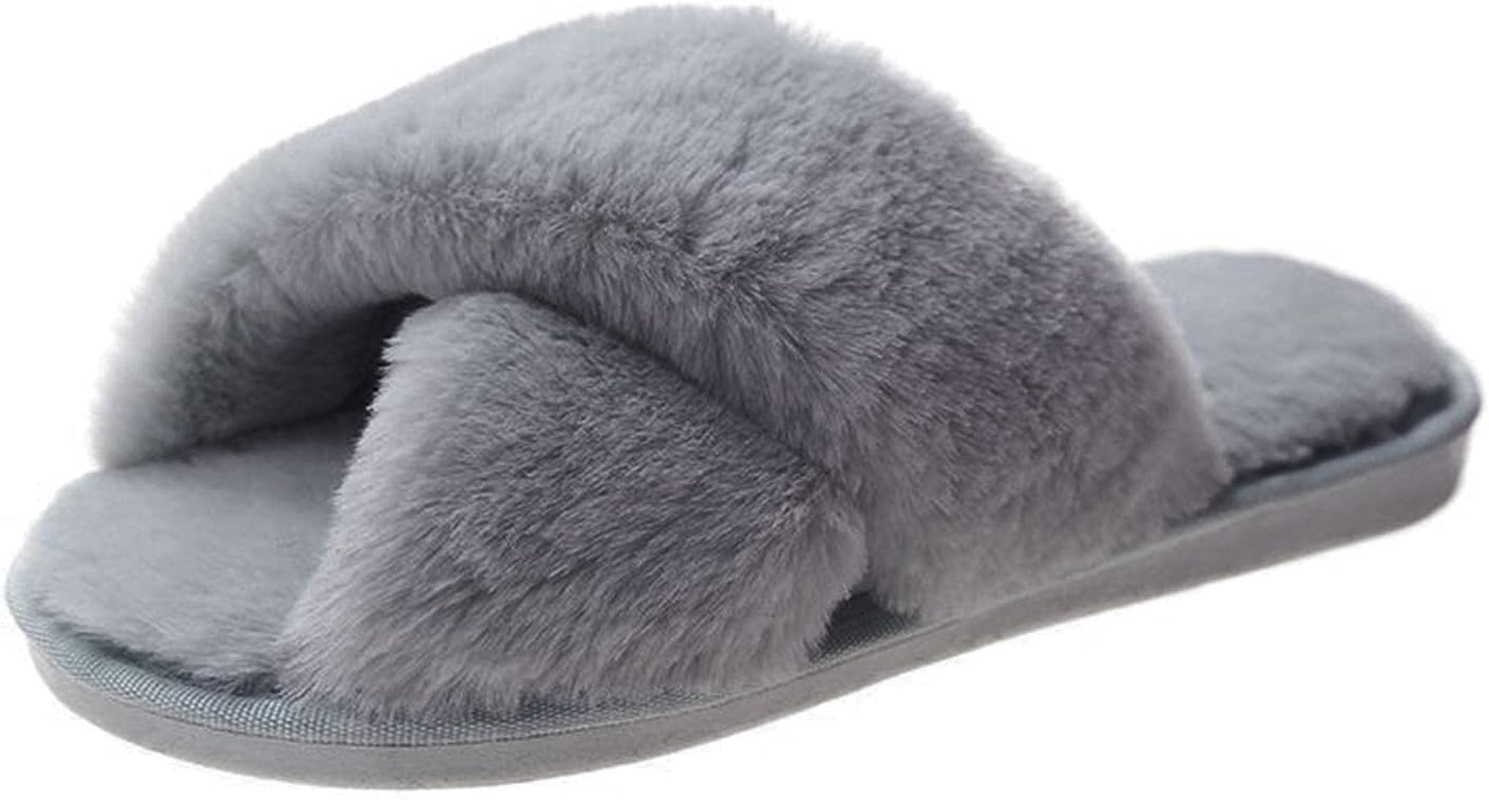 Fuzzy Slippers for Women, Cross Band Slippers, Womens Warm Comfy Open Toe Slippers with Rubber