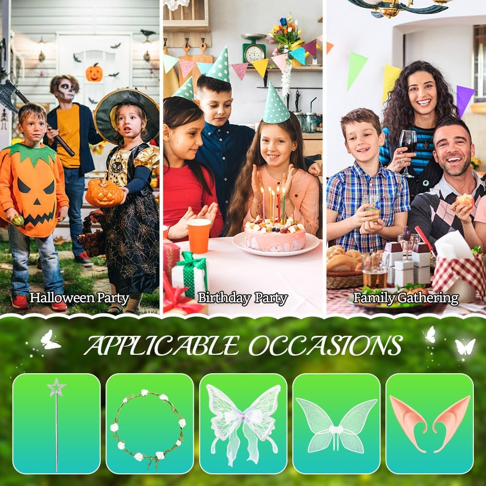 Slowton Fairy Wings Set - 5PCS Butterfly Wings Costume for Adults Girls Women with Angel Butterfly Fairy Ears Floral Crown Halloween Costume Angel Princess Cosplay Role Play Dress up Party