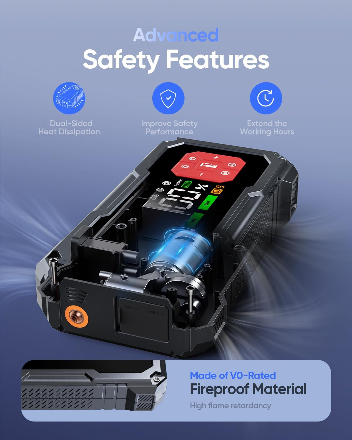 Car Jump Starter with Tyre Inflator 150PSI, Biubox 4500A 12V Portable Car Battery Jump Starter Power Bank Charger with Air Compressor, Jumper Leads, LED Display, Lights, Gloves (10L Gas/9L Diesel) image number 3