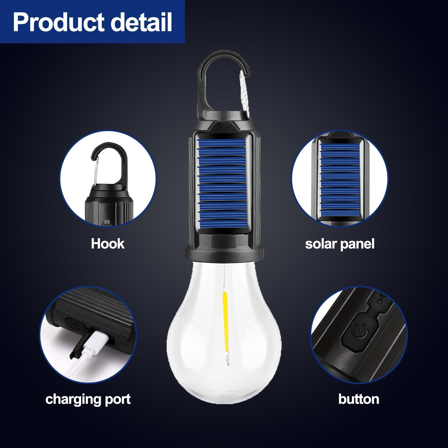 HYVCZP Solar Tent Lamp Portable LED Tent Lights, Hook Hurricane Emergency LED Camping Light Bulb, USB Rechargeable Lantern Bulb for Camping Hiking Backpacking Fishing Outage (3)