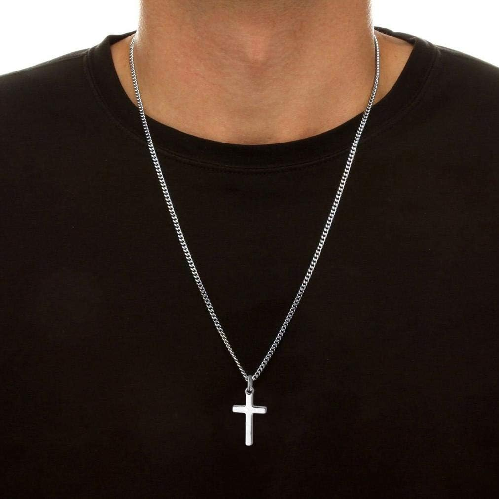 TASBERN Cross Necklace for Men Stainless Steel Silver Polished Plain Small Cross Pendant Necklace for Son Boy Women 16-24 Inches Cuban Chain image number 2