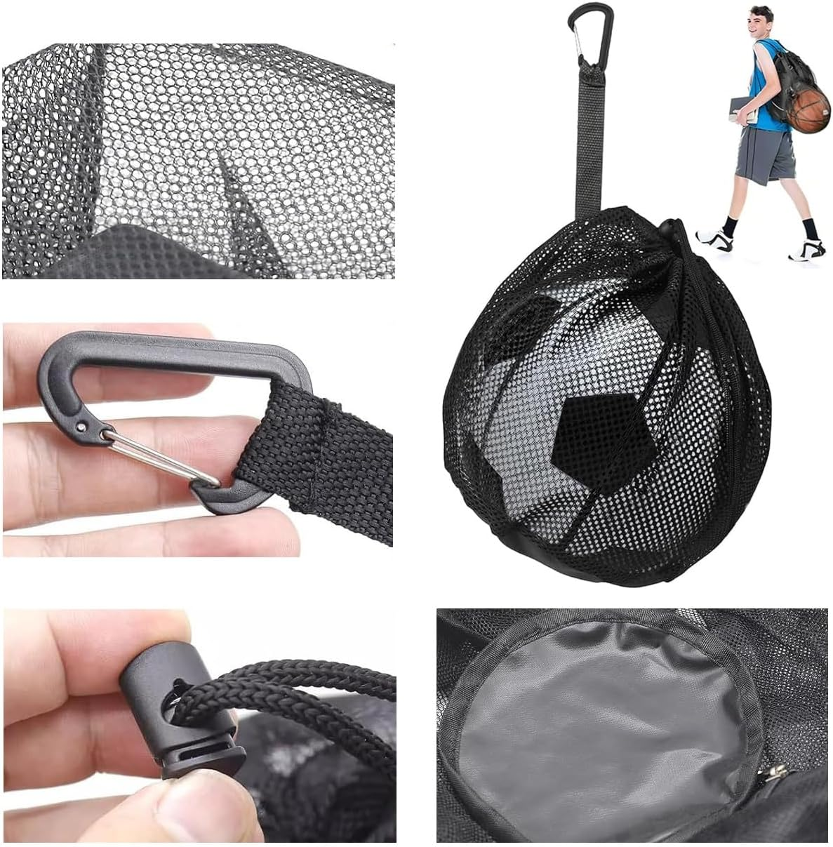 1Pcs Volleyball Mesh Bag with Clip - Single Ball Storage Holder, Drawstring Sling Back for Carrying Basketball, Soccer, Football image number 2
