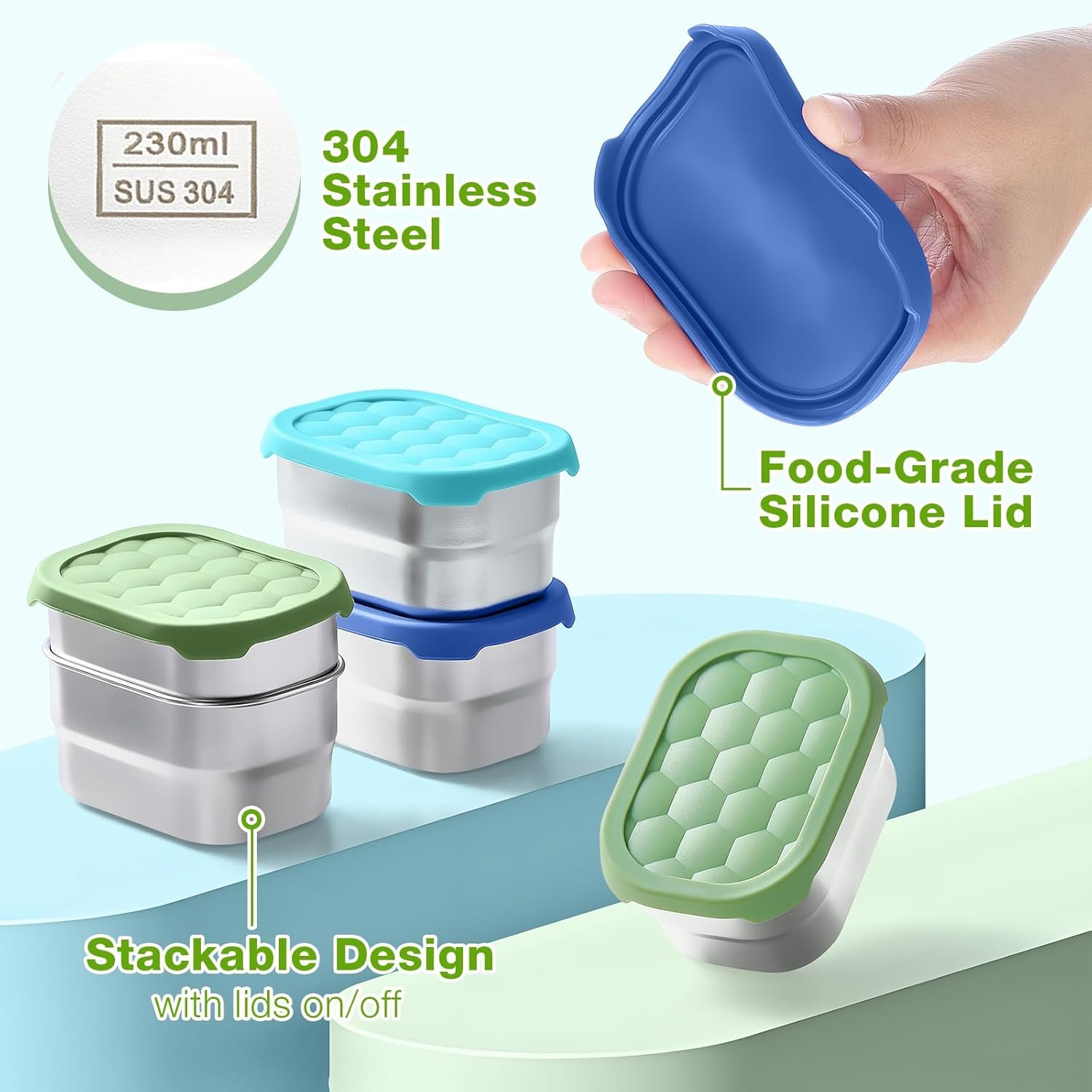 Stainless Steel Snack Container, 6Pcs 8Oz, for Kid Easy Open Leak Proof, Stackable Rectangle Food Storage Container with Silicone Lid, Portable Snack Box for School Office Travel Camping (Green-6Pcs) - Green-6Pcs image number 6