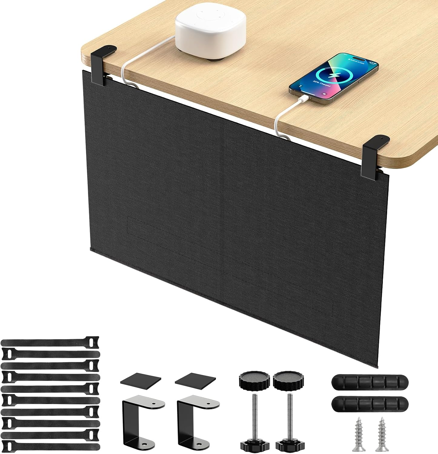 ERGO COLLECT 23.6" Felt under Desk Cable Management Tray with Privacy Panel, Cord Organizer Hides Wires & Power Board, for Home Office Computer & Gaming Desk, Clamp or Screw Mount, Black image number 6