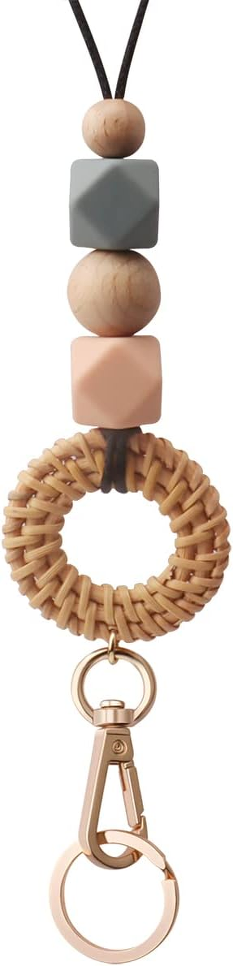 Teacher Lanyard for Id Badge Keys Cute Silicone Beaded Lanyards for Women Boho Wood Bead Lanyard Card Holder Wallet