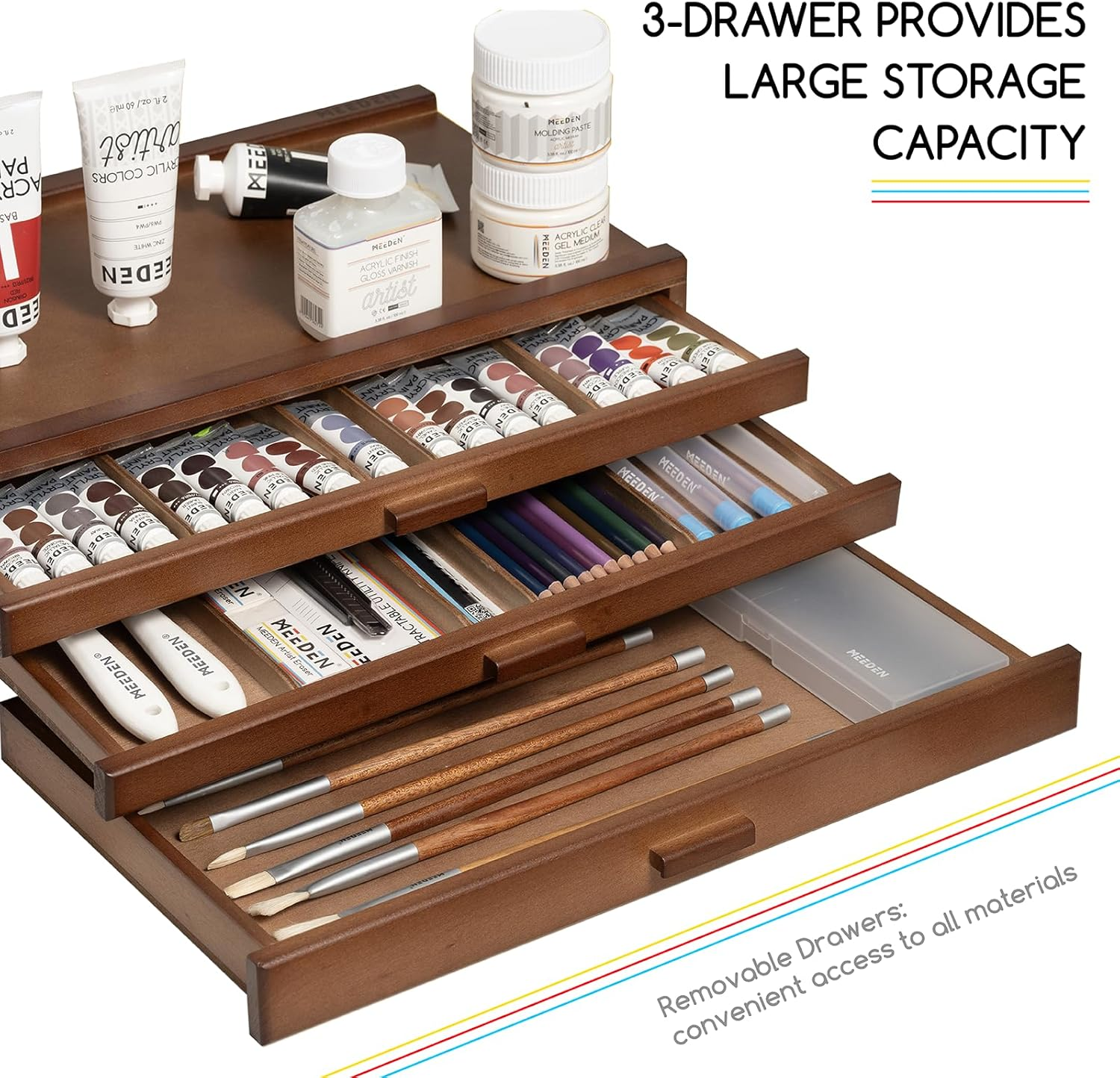 MEEDEN PRO Wood Artist Supply Storage Box - 3 Drawers Art Supply Storage Organizer - Solid Beech Wood Storage Drawer Box for Pastels Pencils Pens Brushes image number 5
