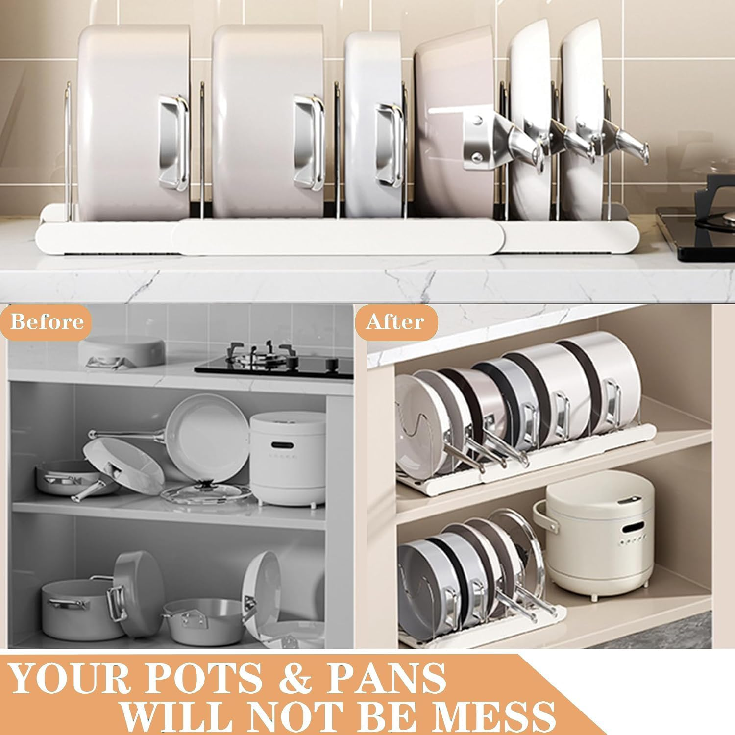 Pots and Pans Organiser, Expandable Pans Organizer Rack, 7 Adjustable Compartments, Cookware Holder for Pantry or Cabinet, White image number 1