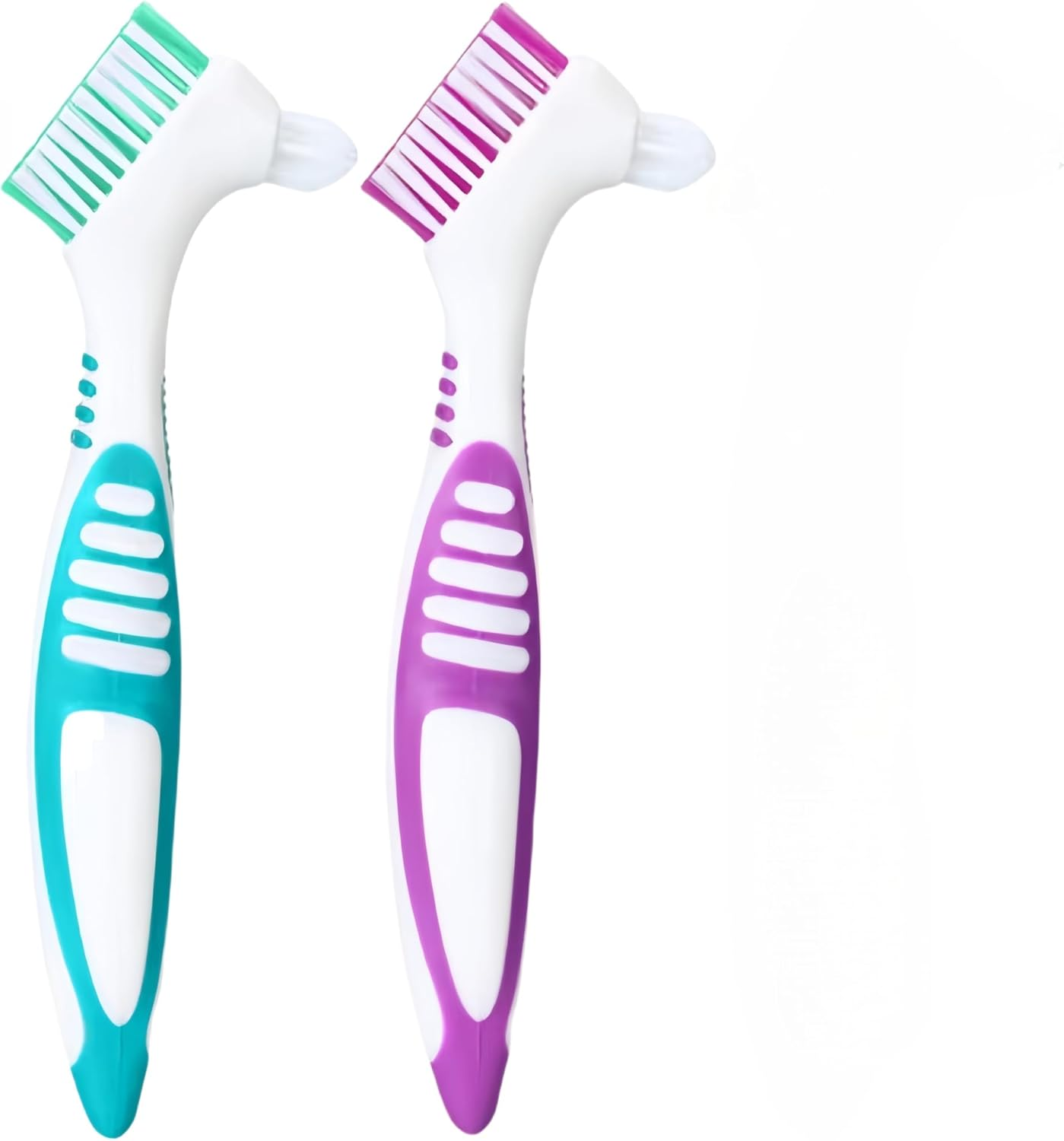 Denture Cleaning Brushes 2-Pack with Dual-Angle Heads - Soft Nylon Bristles & Ergonomic Grip, Travel Denture Brush Kit for Seniors (Green/Purple) | Denture Care Essentials image number 3