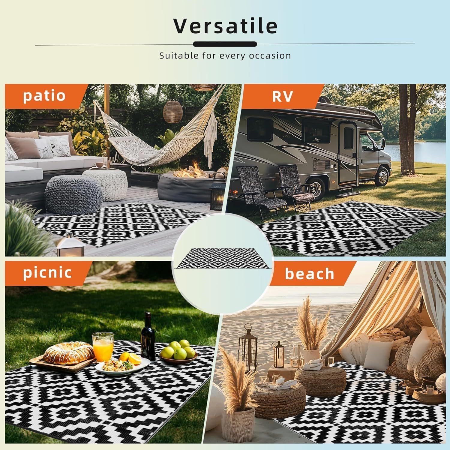 Outdoor Rug, 5X8 Ft Waterproof Reversible Patio Plastic Straw Rugs, for Decor Clearance outside Large RV Camping Area Carpet Mat for Porch Deck Balcony Pool Backyard Picnic Beach Camper Door (Black) image number 5
