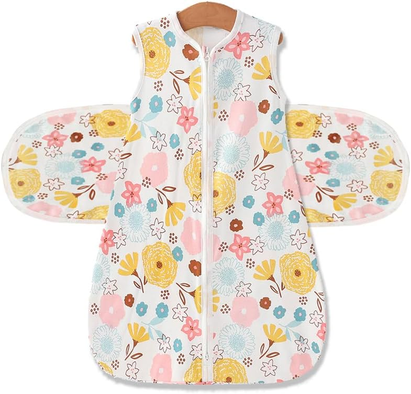 2 Pack,Newborn Sleep Sack,Winged Baby anti Startle Swaddling Clothes，100% Cotton Sleepsack Swaddle,3-6 Months,3-Way Adjustable Wearable Transition Blanket, Hat and Mittens, Animal and Floral Patterns image number 2