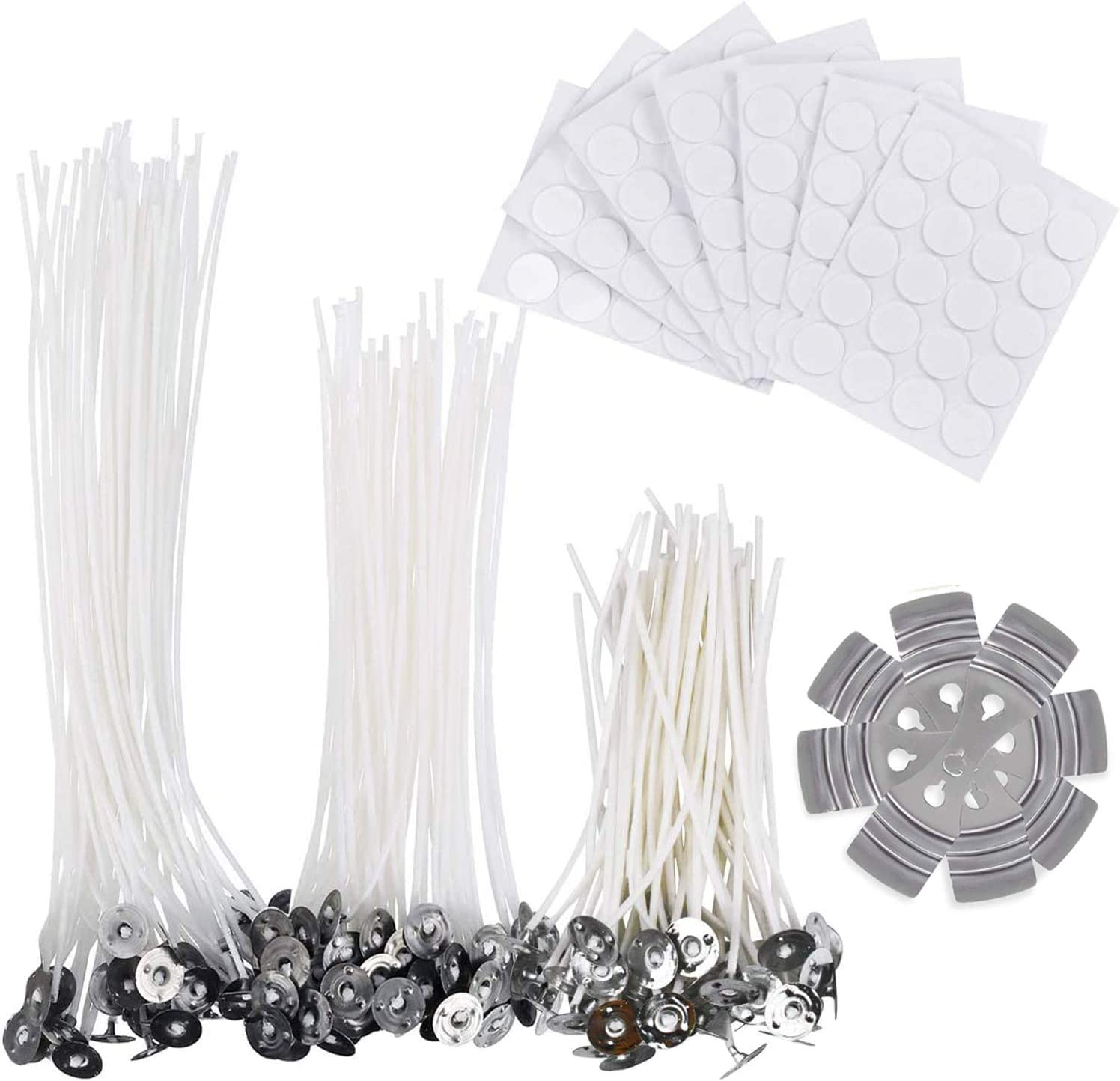 Candle Making Kit - 150Pcs Low Smoke Natural Candle Wicks (10Cm/4In,15Cm/6In and 20Cm/8In) with 150Pcs Double-Sided Dots Wick Stickers and 4Pcs Wick Holder Sustainer for DIY Candles image number 3
